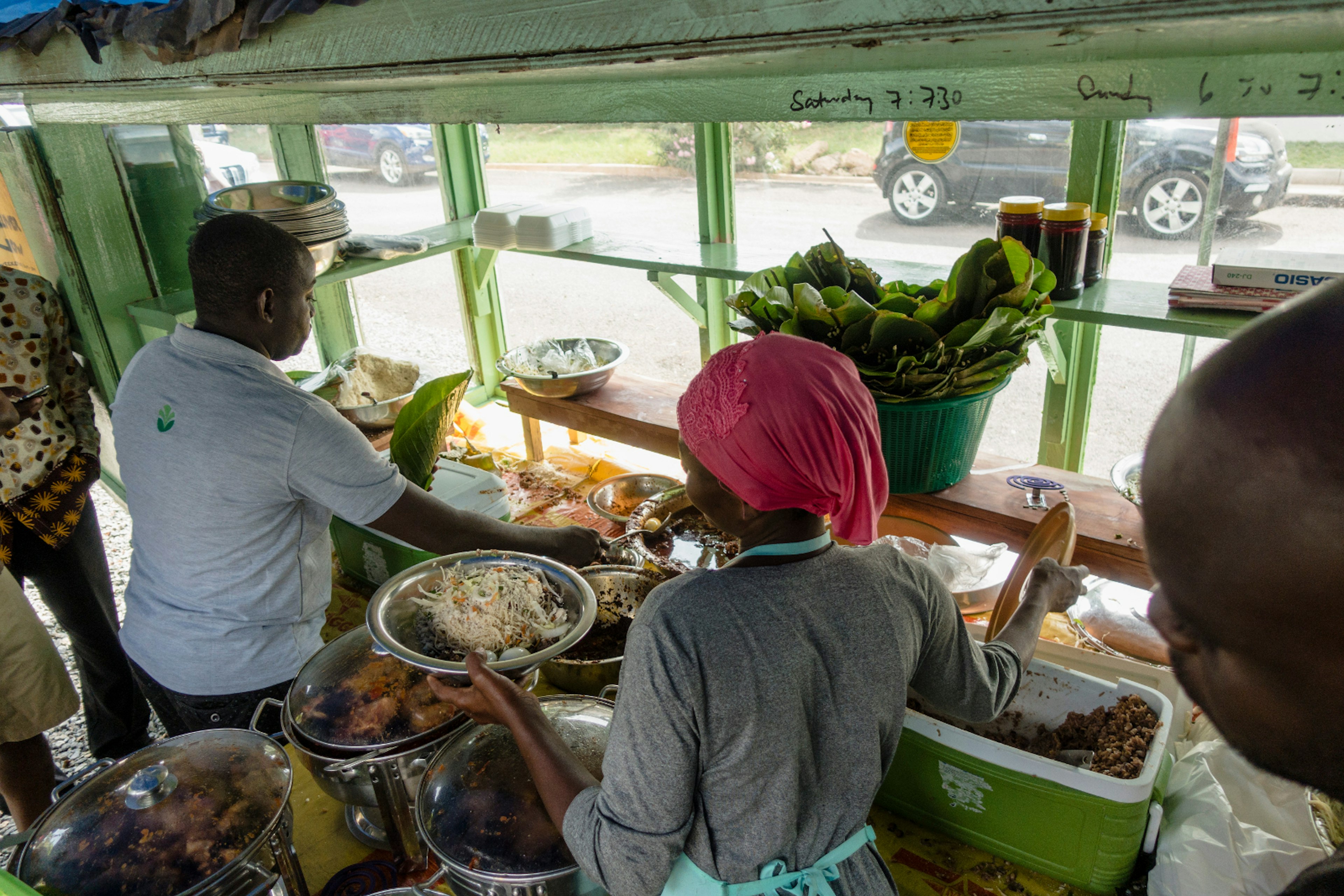 Auntie Muni's weekend food stall in the Labone area of Accra is renowned for its waakye