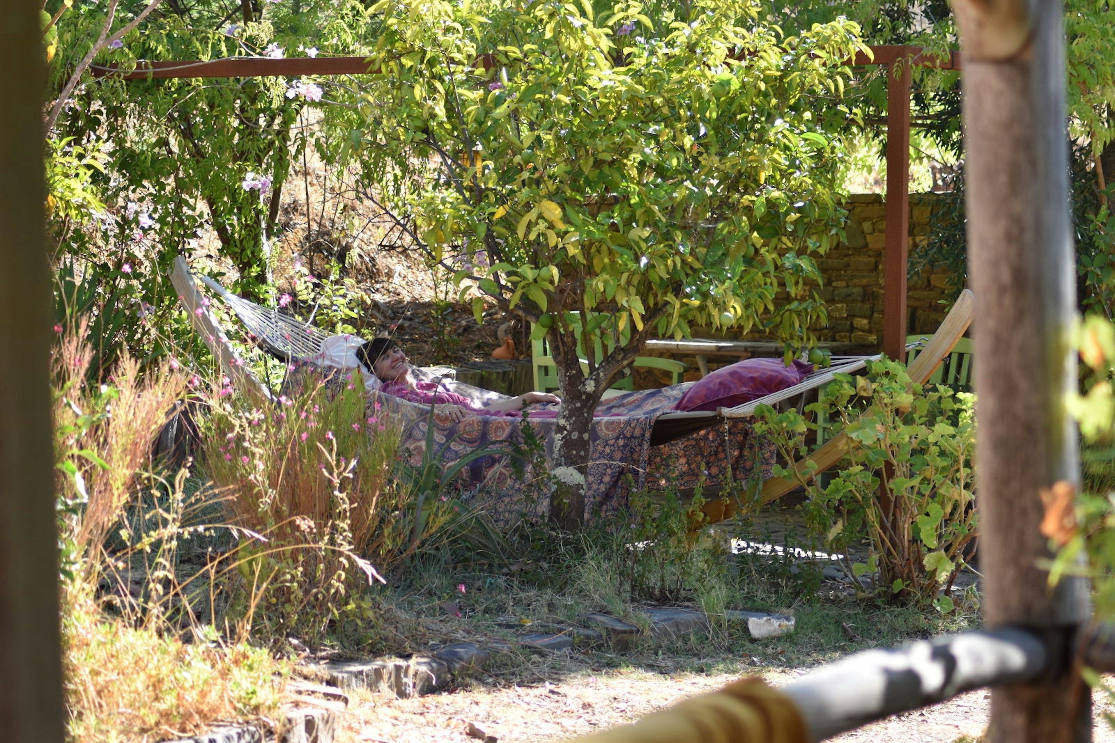 A woman smiles while lying in a hammock. Trees and greenery surround her.