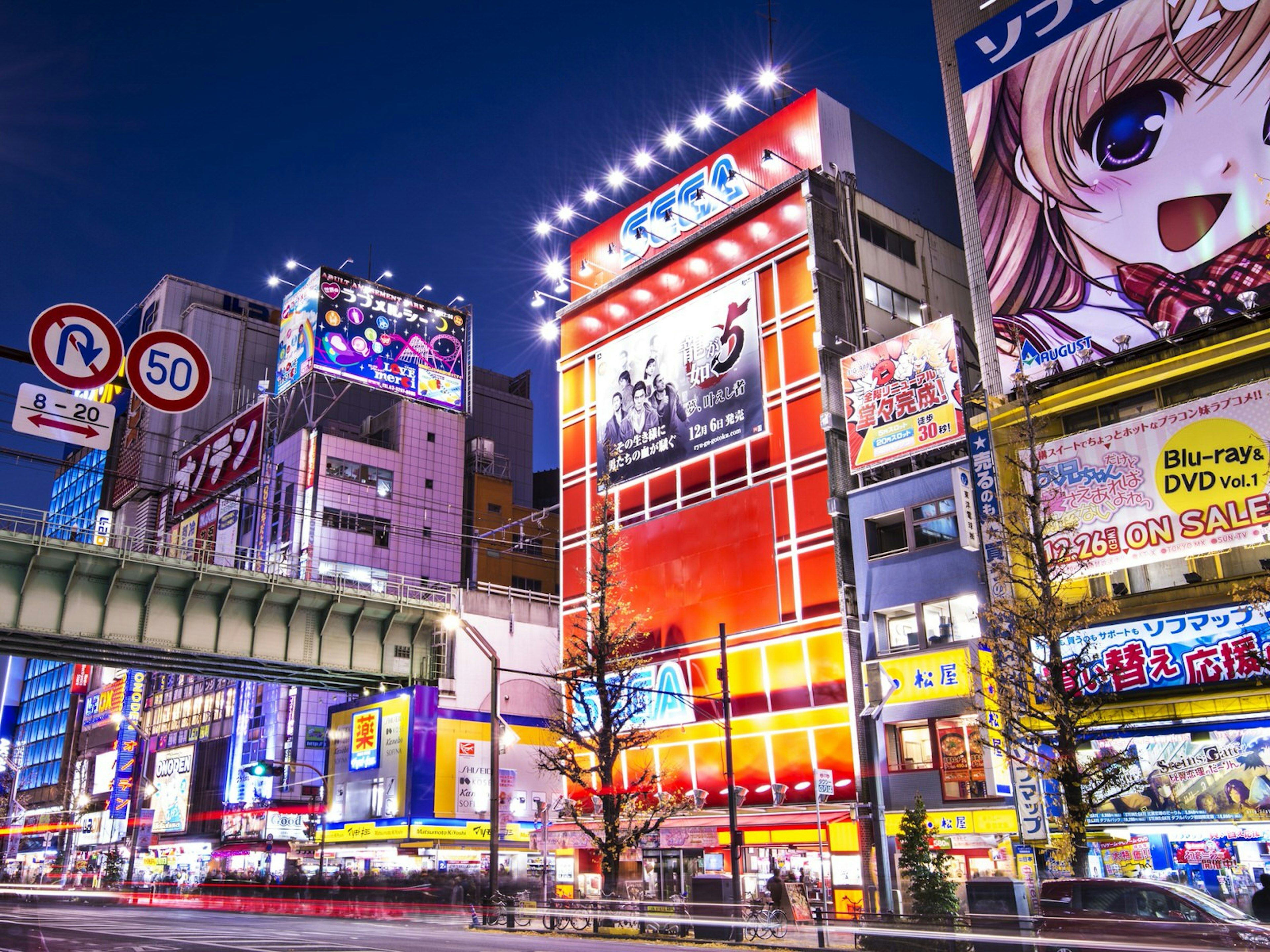 Buildings lit up with neon signs and images along a main street in Akihabara, Tokyo © Sean Pavone / Shutterstock