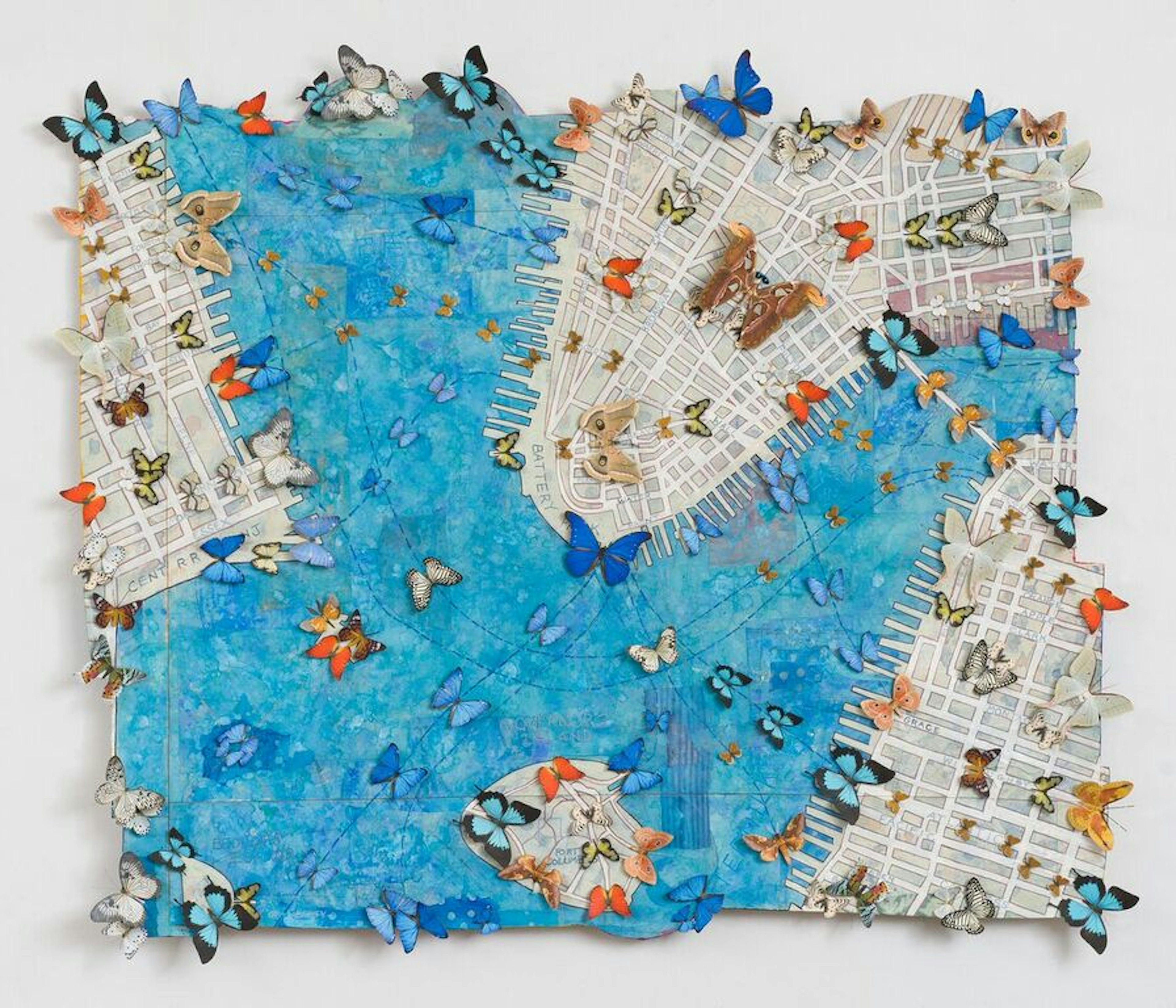 Image of Jane Hammond’s piece 'All Souls (Buttermilk Channel)' (2015). The artwork is a depiction of a map, with a river featuring prominently in bright blue, while colorful paper butterflies are shown on migratory pathways.