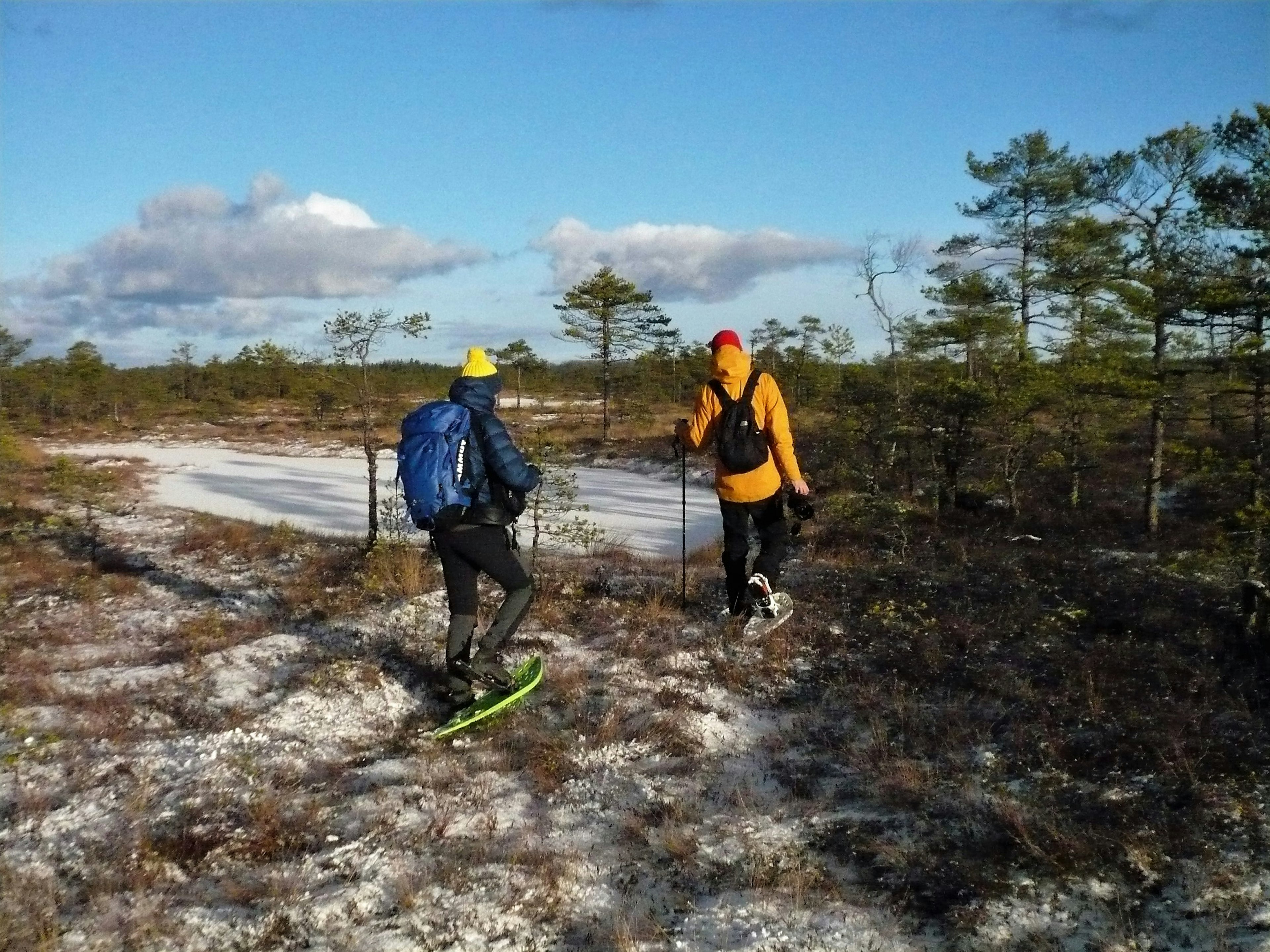 Two people wearing footwear with a large surface area to prevent them sinking in the bog