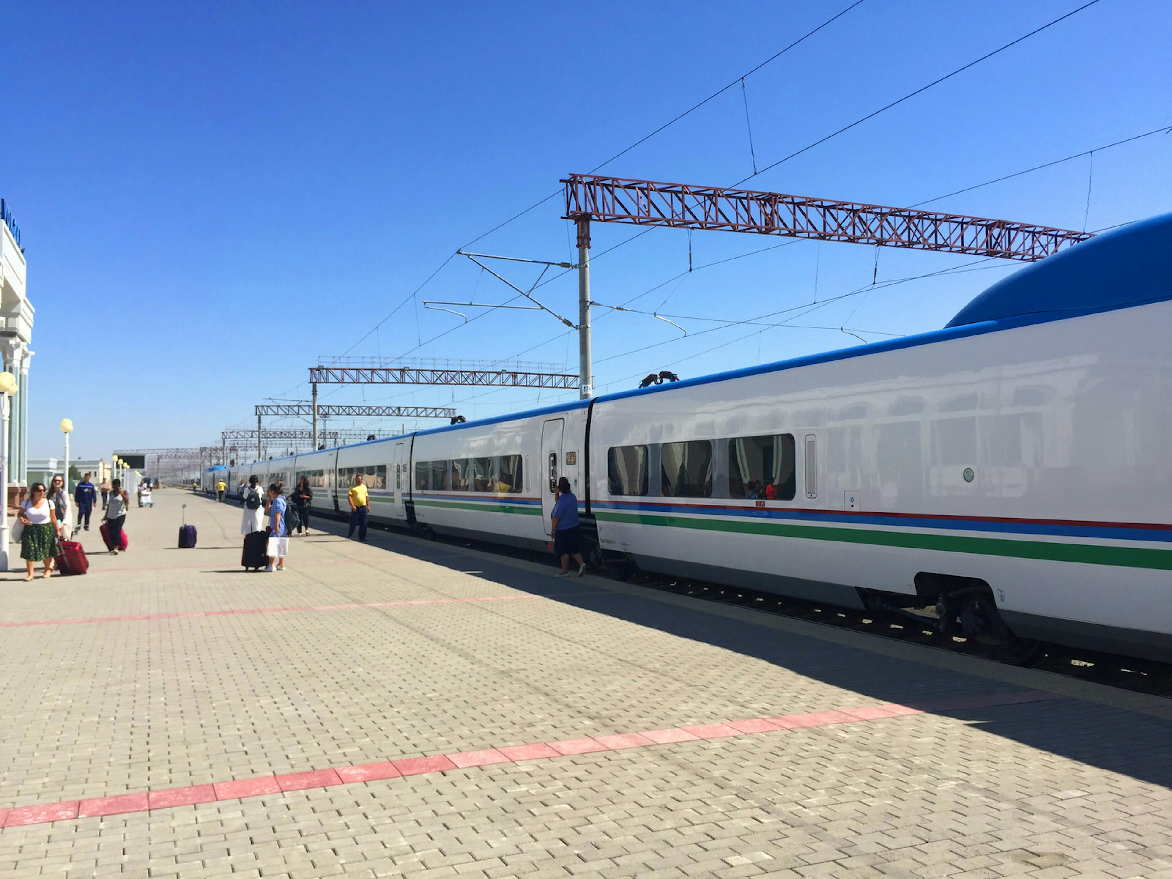 High-speed Afrosiyob Talgo train arriving into Bukhara Railway Station from Tashkent