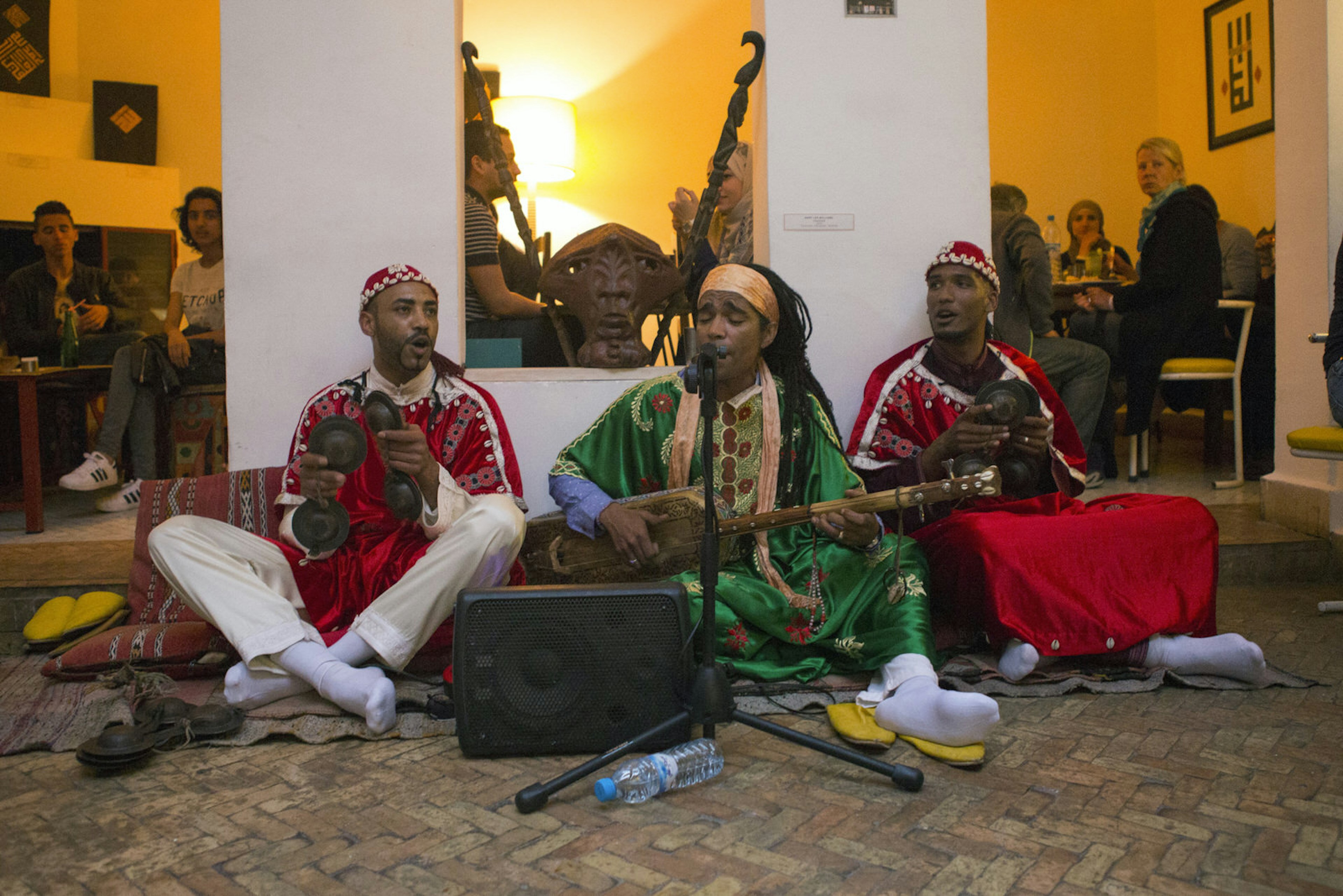 Gnaoua musicians perform at Cafe Clock, Marrakesh, Morocco