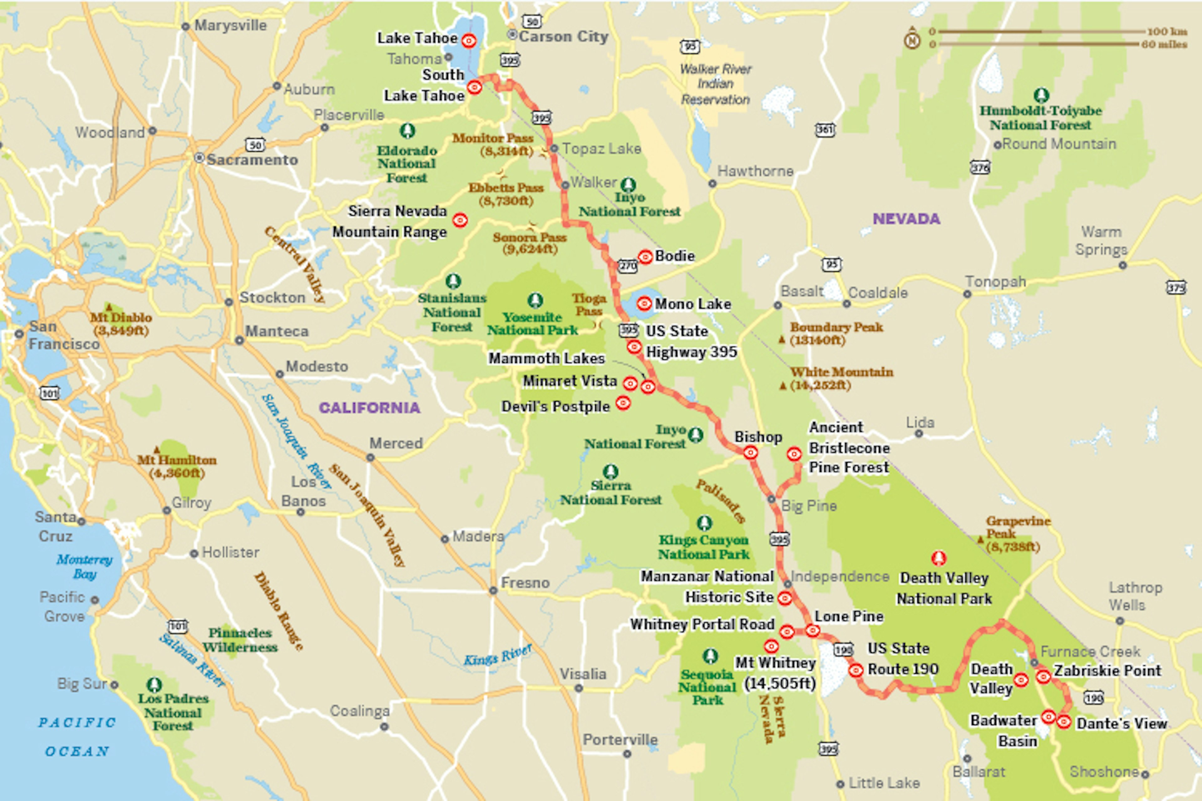 A map of California highlights Hwy 395 running north-to-southeast from Lake Tahoe