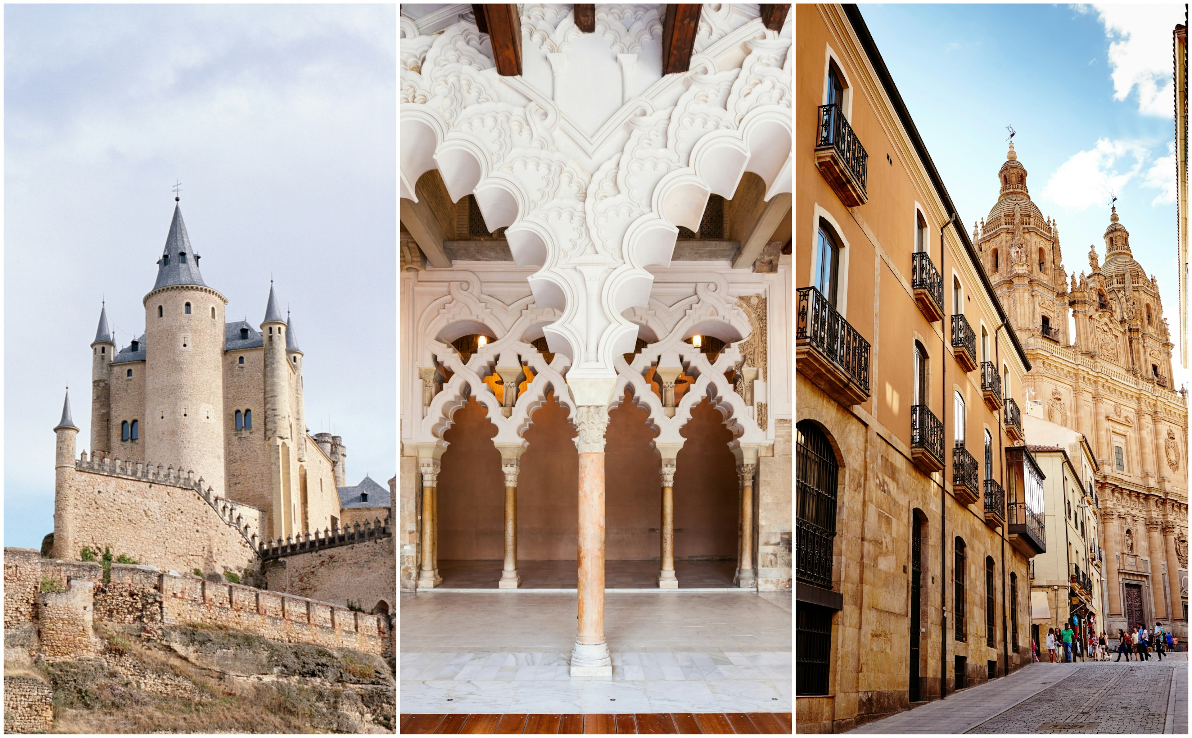 The Alcazar in Castilla y Leon; Ornate white archways in Aljaferia Palace; The 17th-century Baroque Clerecía Church in Salamanca.