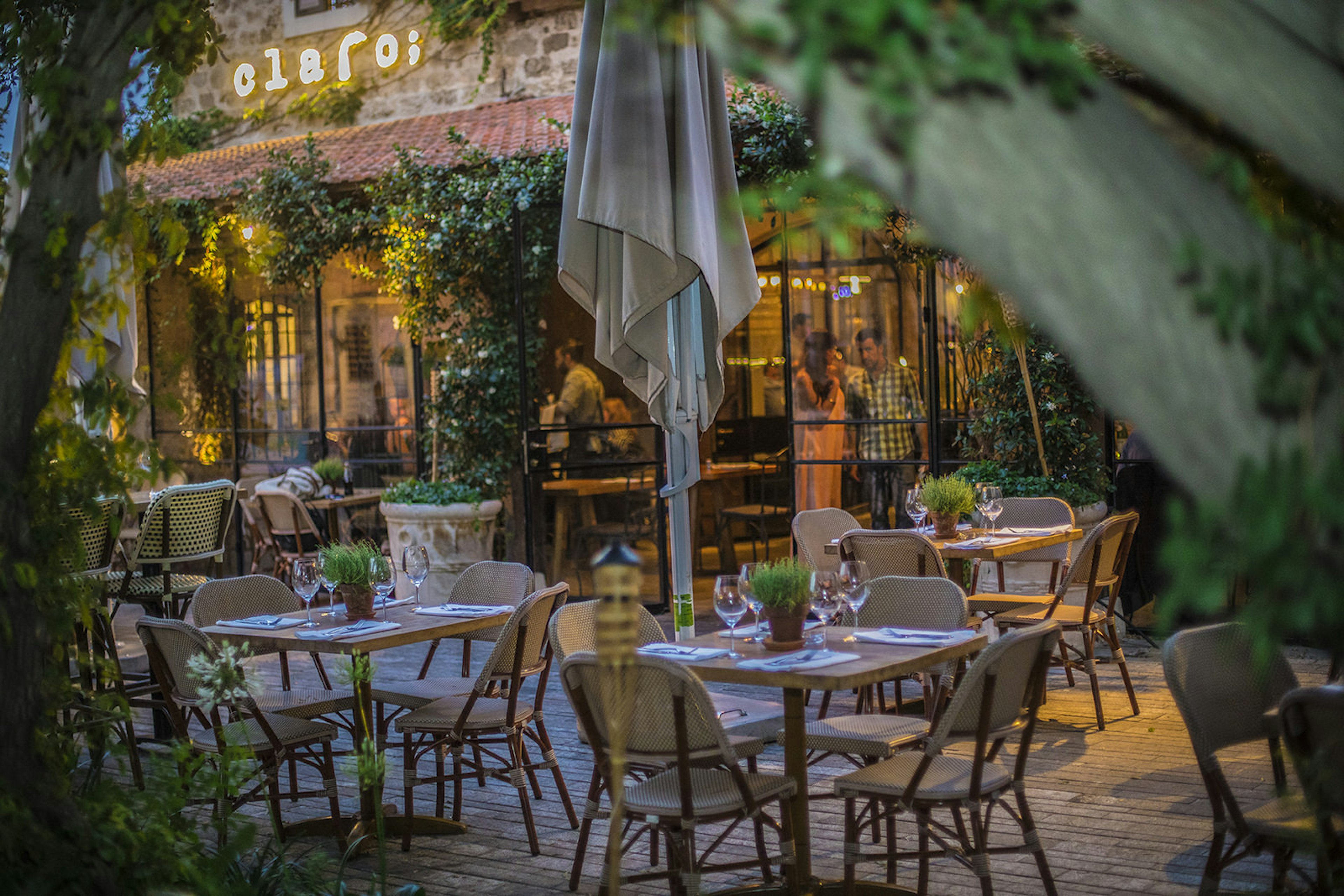 Exterior view of tables at Claro restaurant, Tel Aviv