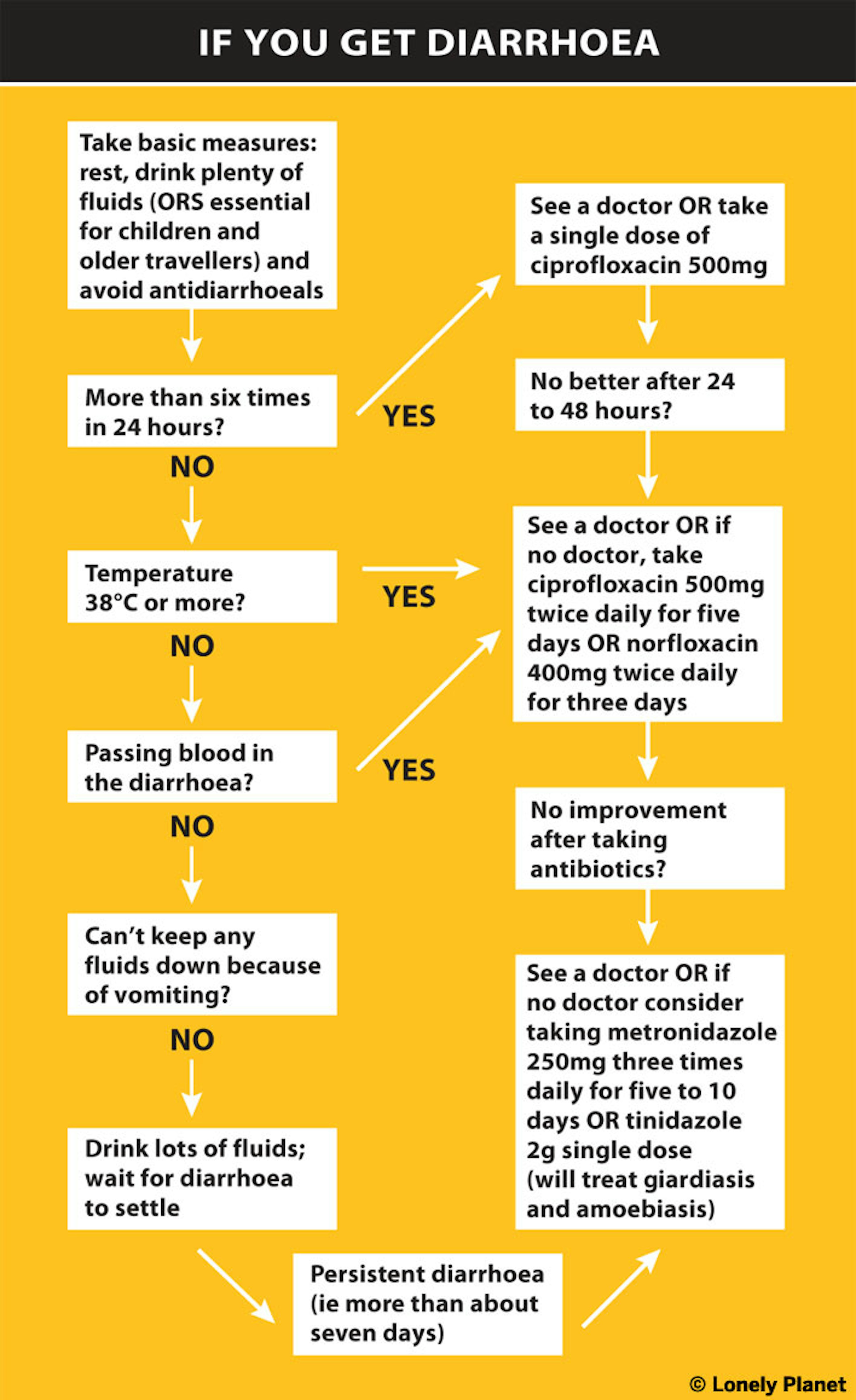 This is a flow chart that documents what to do if you get diarrhoea.