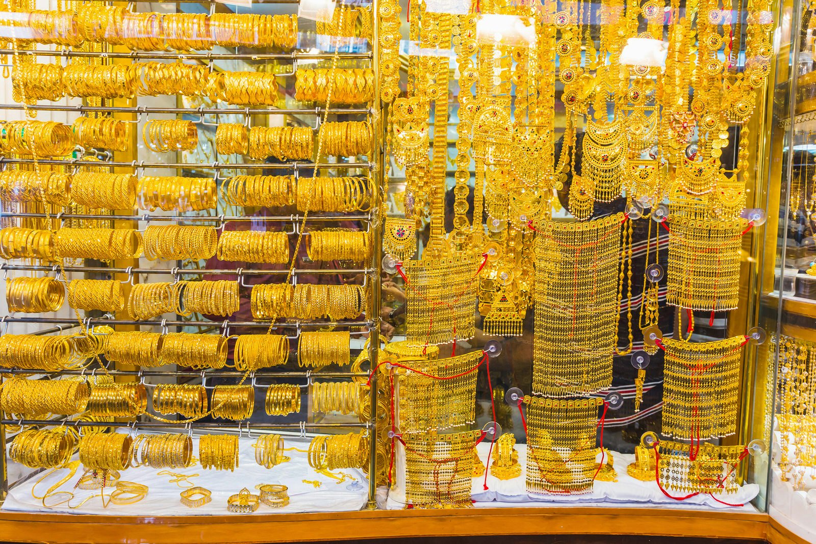 Gold jewellry for sale in the Gold Souq, Dubai, United Arab Emirates