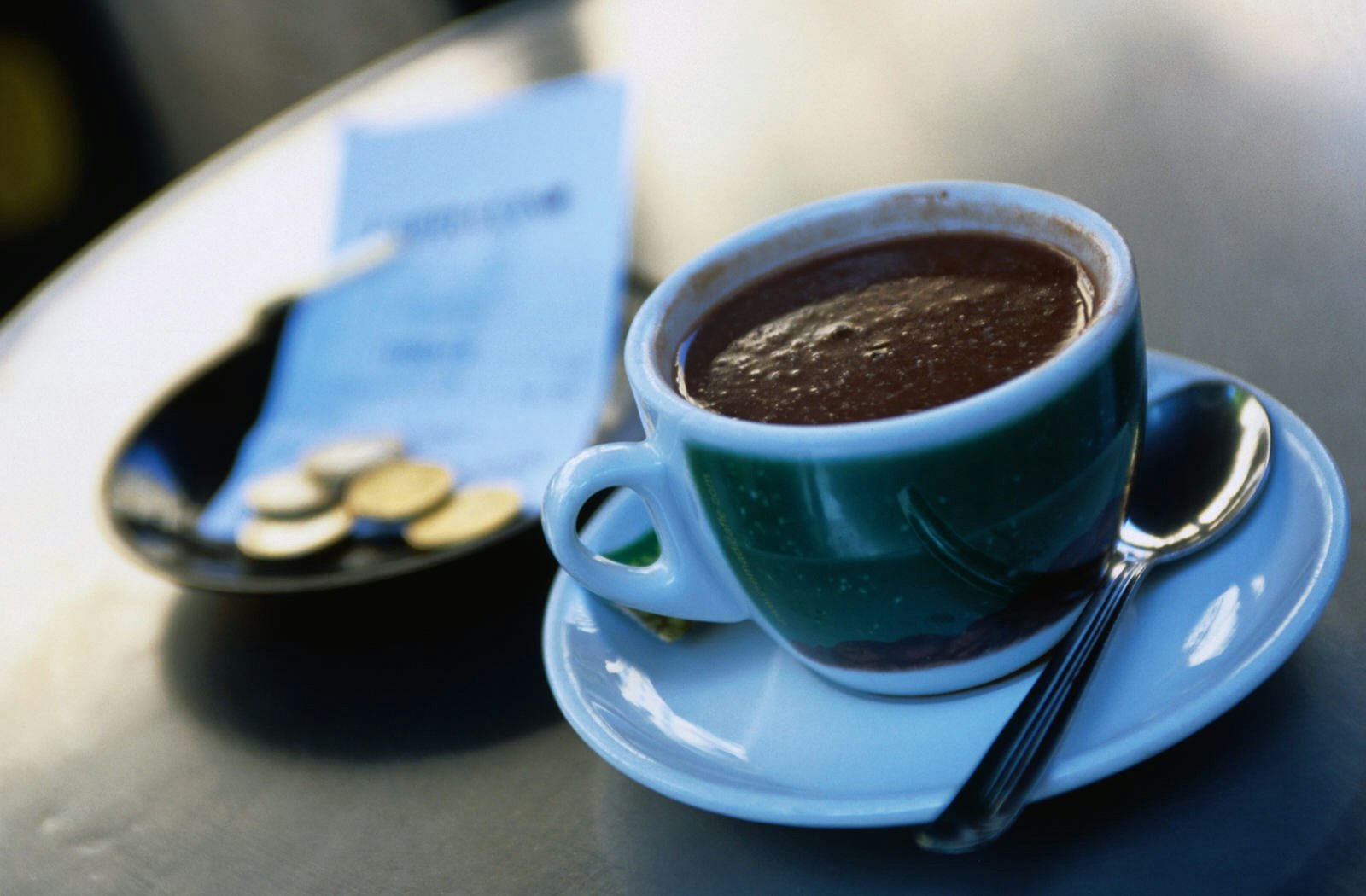 Hot chocolate on a cafe table in Spain