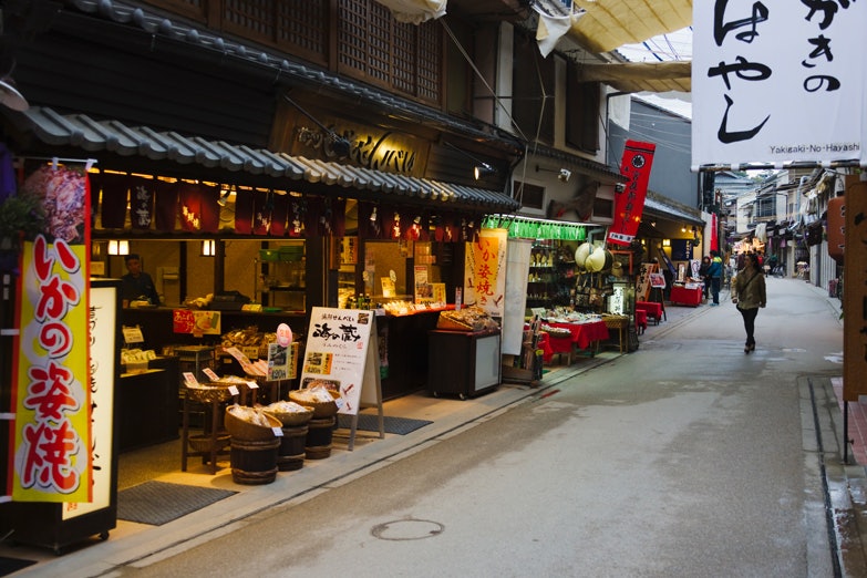 No shortage of shops and eateries on Miyajima Island. Image by Keren Su / Lonely Planet Images / Getty Images.