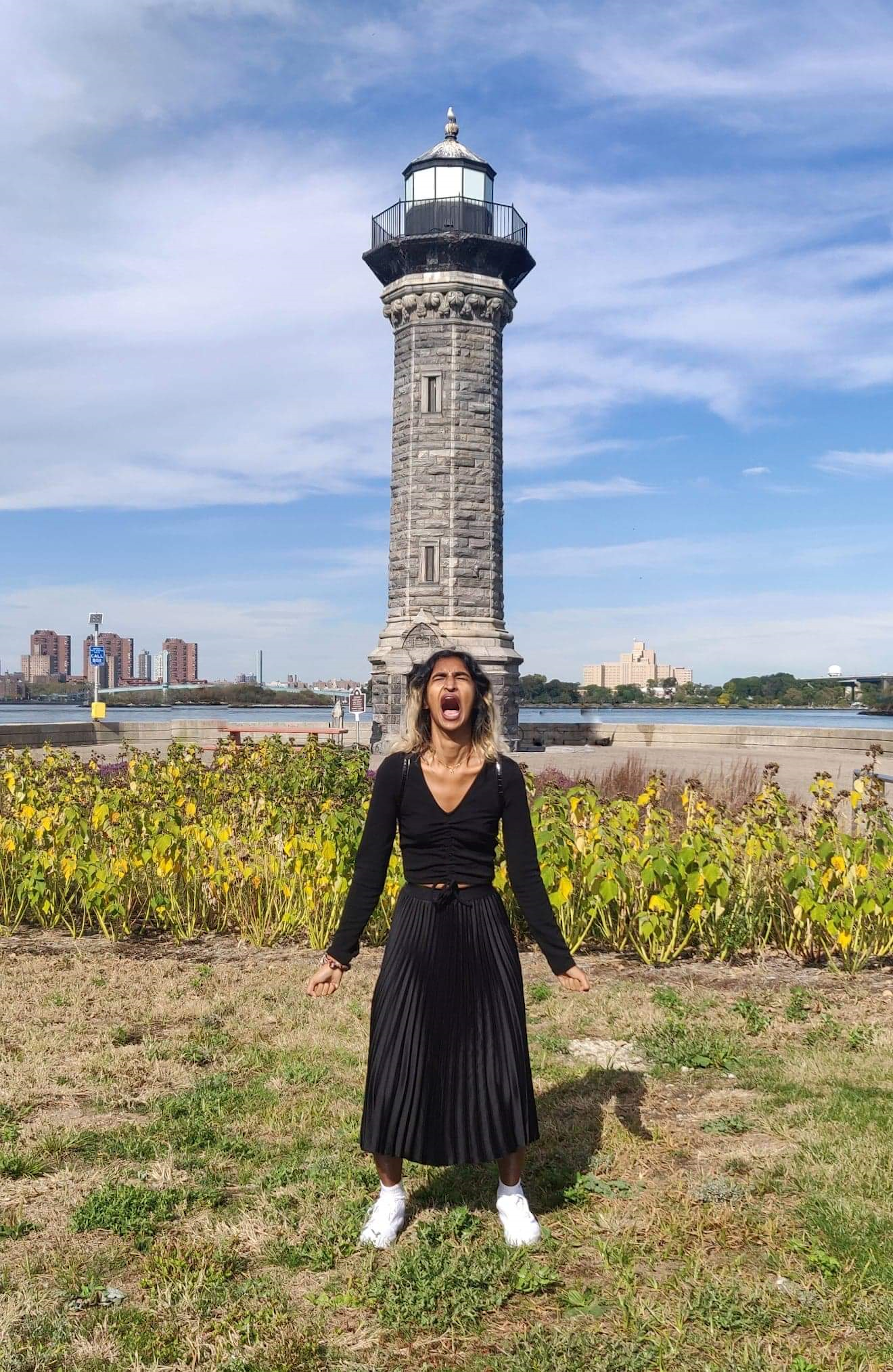 Young woman screaming on Roosevelt Island