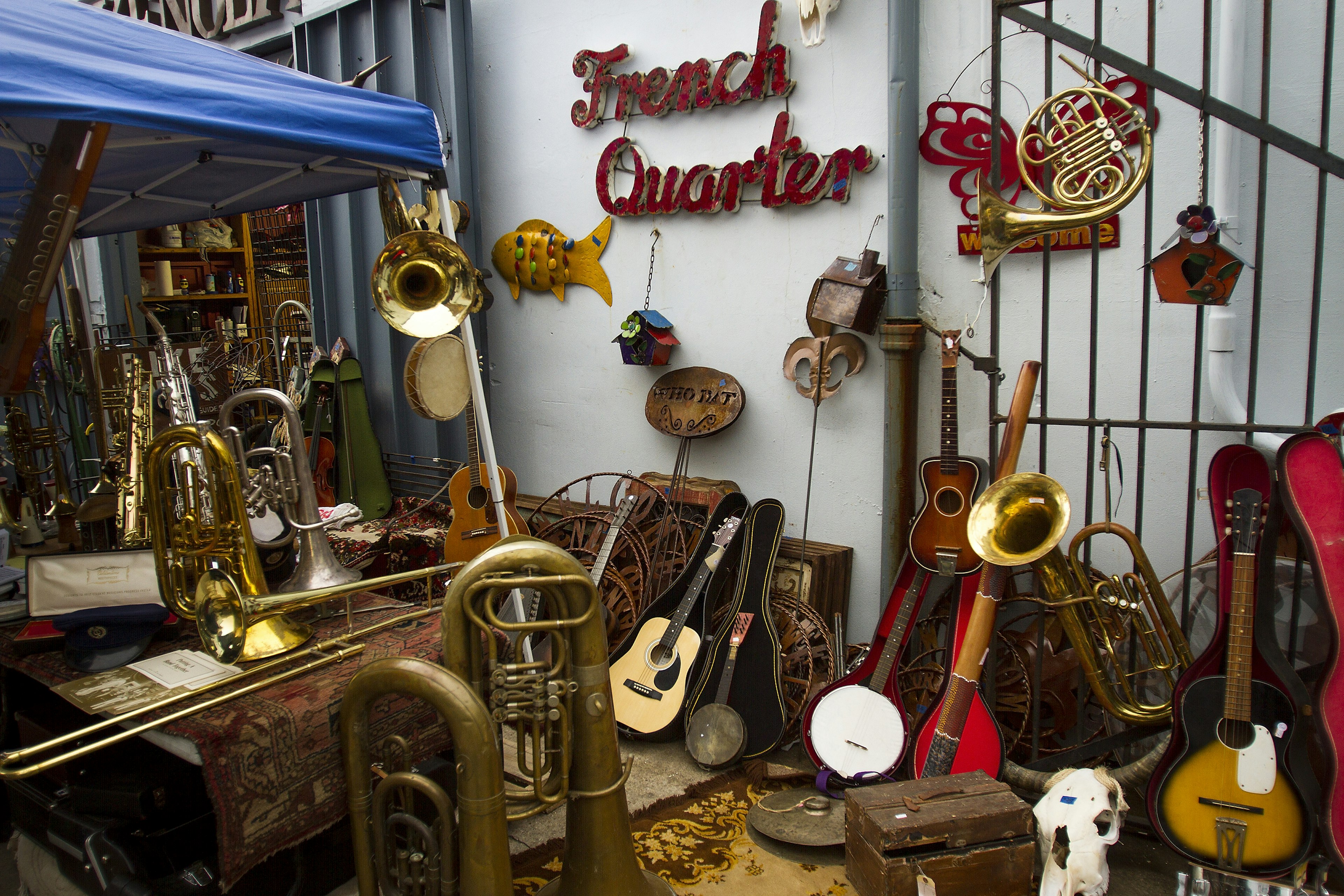 Instruments for sale at a flea market in the French Quarter of New Orleans.