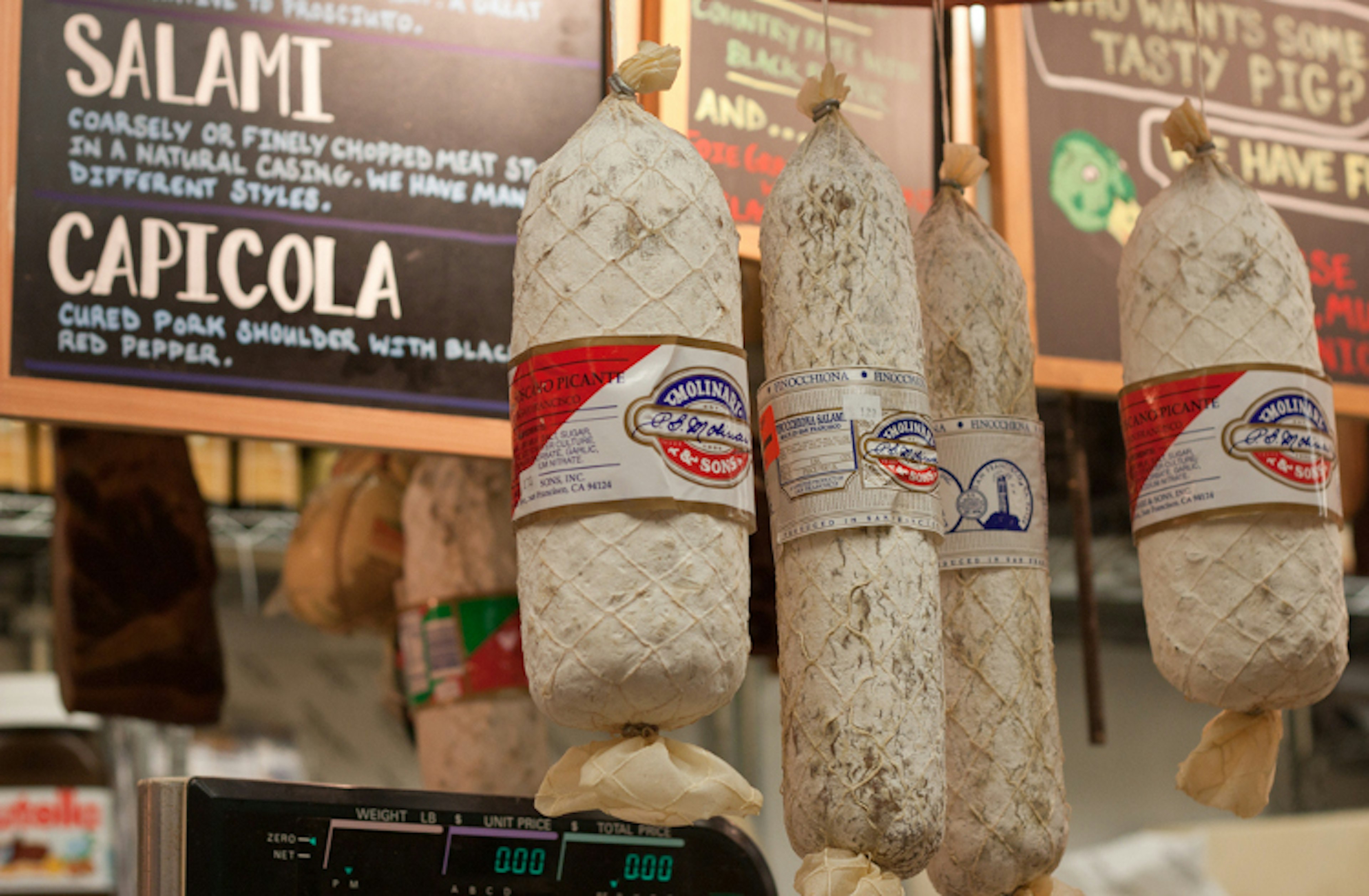 Salamis hanging in Philadelphia's Italian Market.