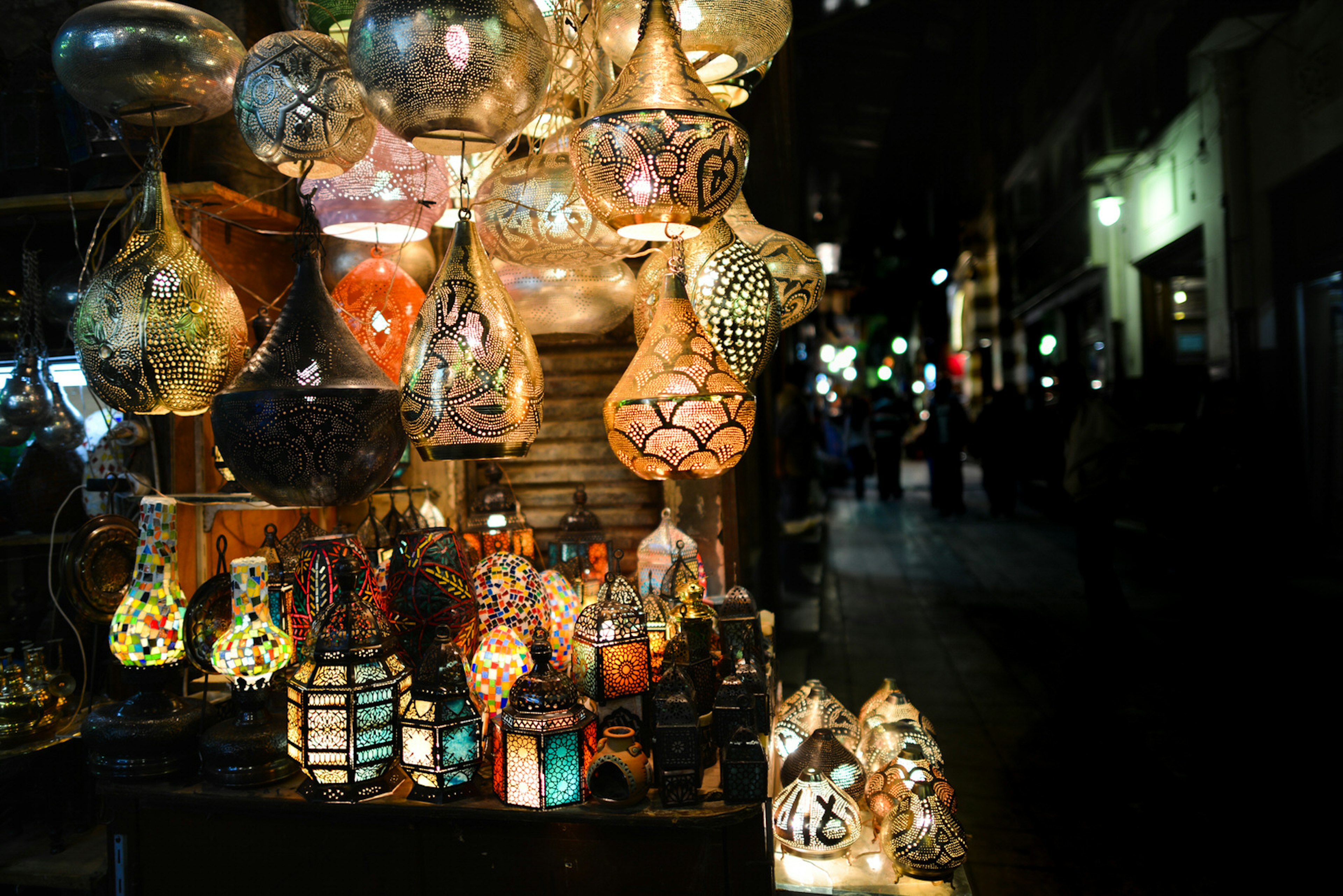 Ramadan lanterns in historical Khan Al Khalili Souq marketplace is one of the tourist magnets in Cairo, Egypt