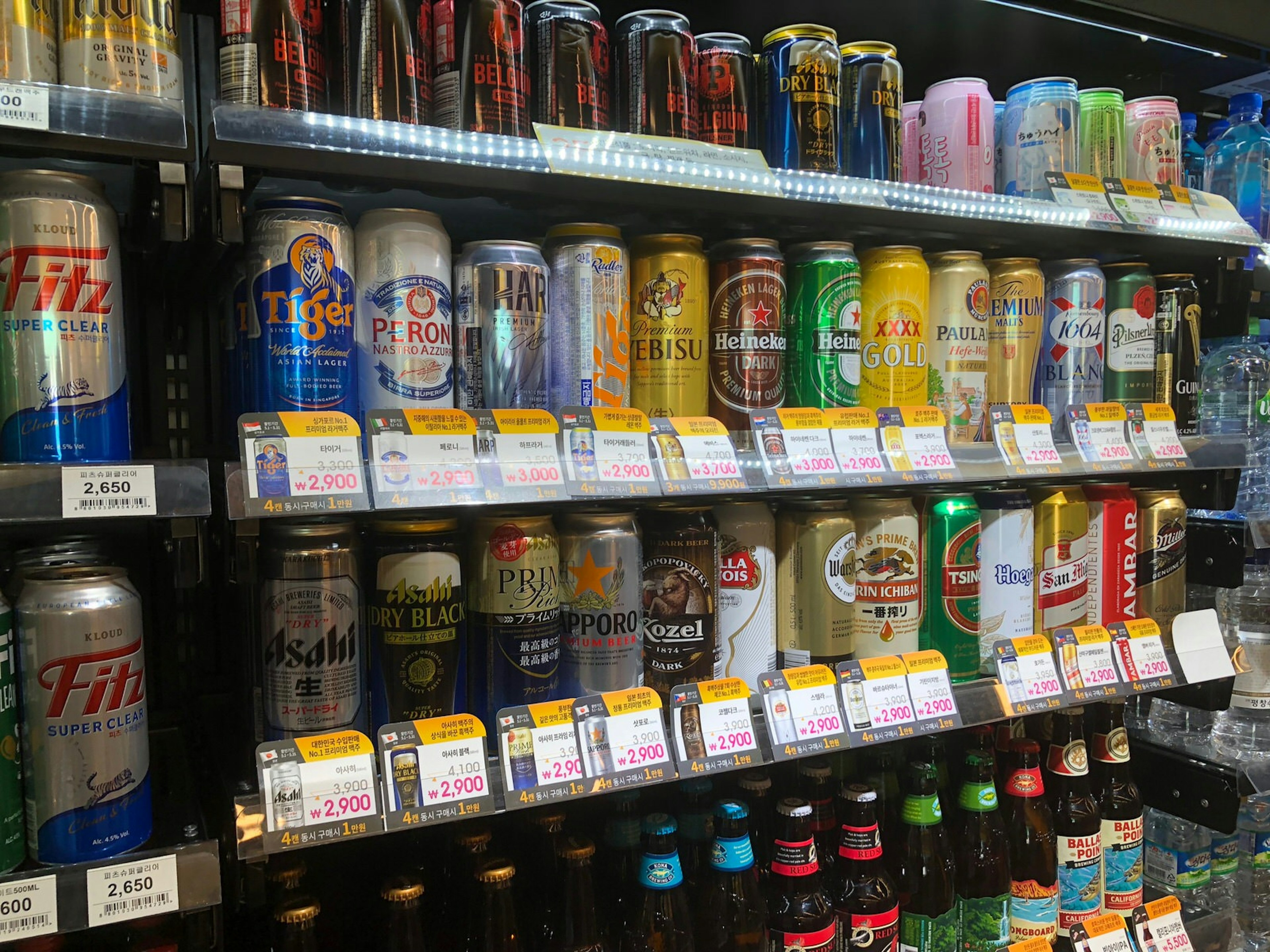 A close-up shot of cans of beer in a fridge. Beer selection: everything from local Korean beers to imported craft beer © Hahna Yoon / Lonely Planet