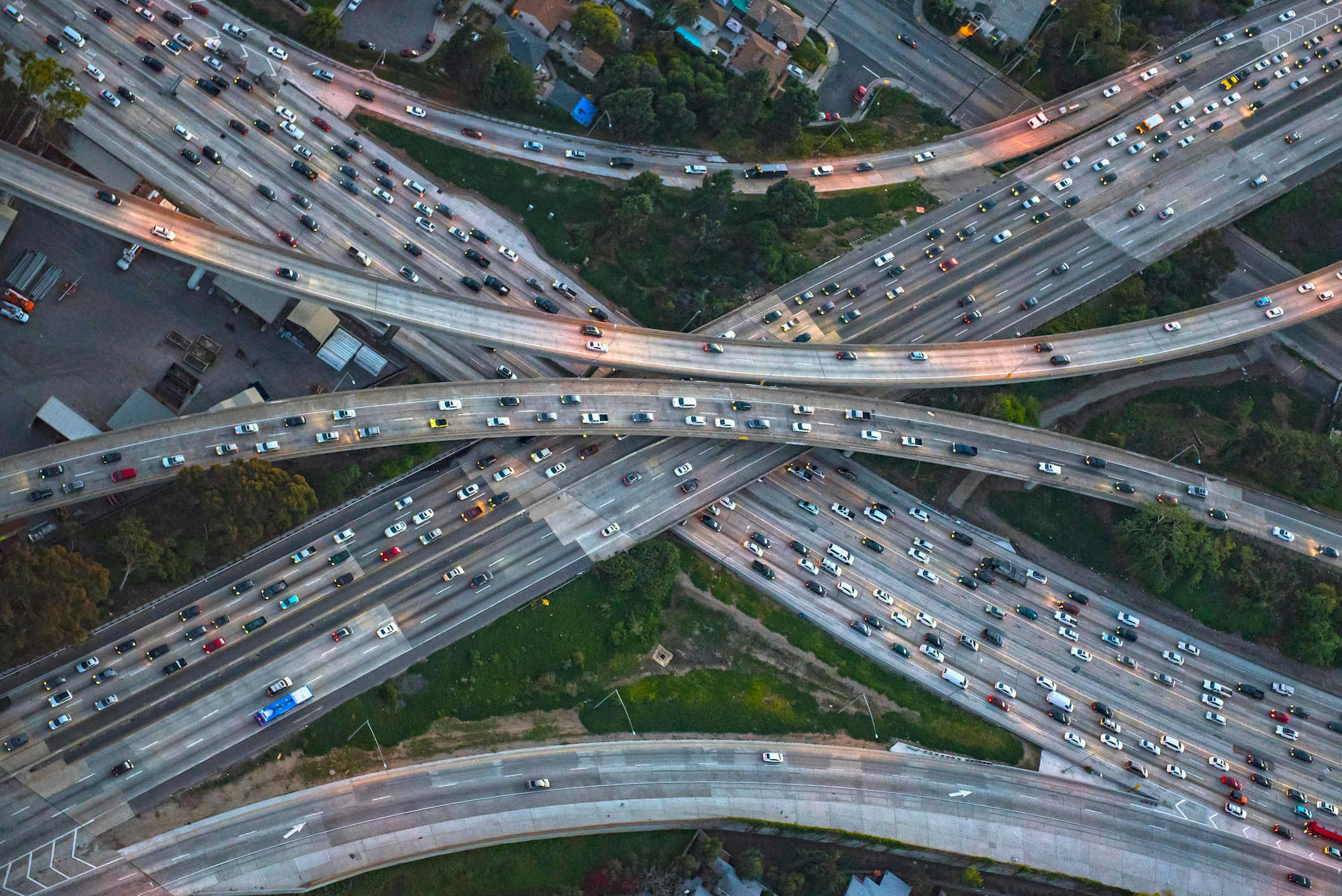 Aerial view of highway interchange in cityscape