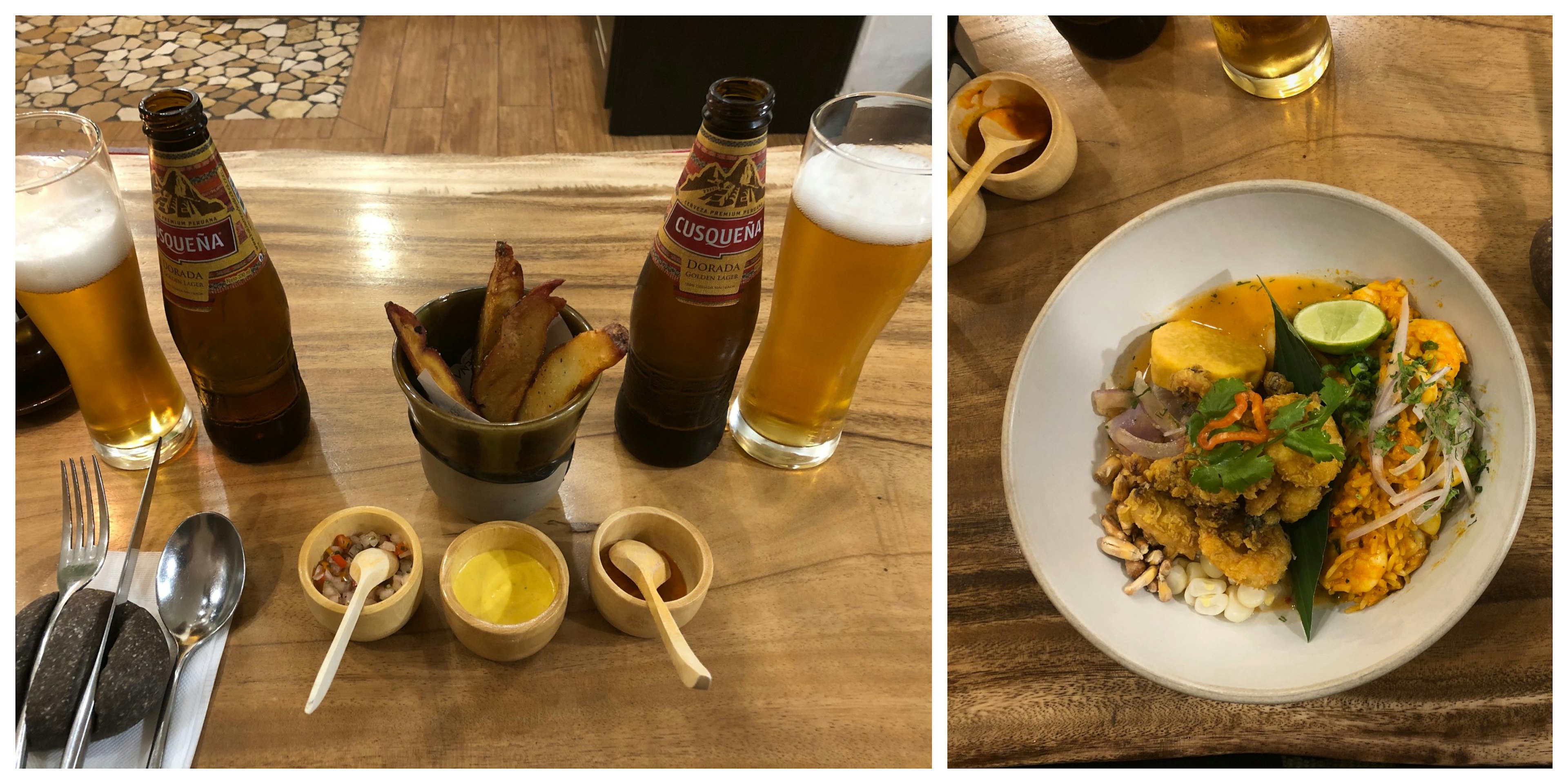 On the left, two beers, potato wedges and dips. On the right, a colourful rice and veg bowl