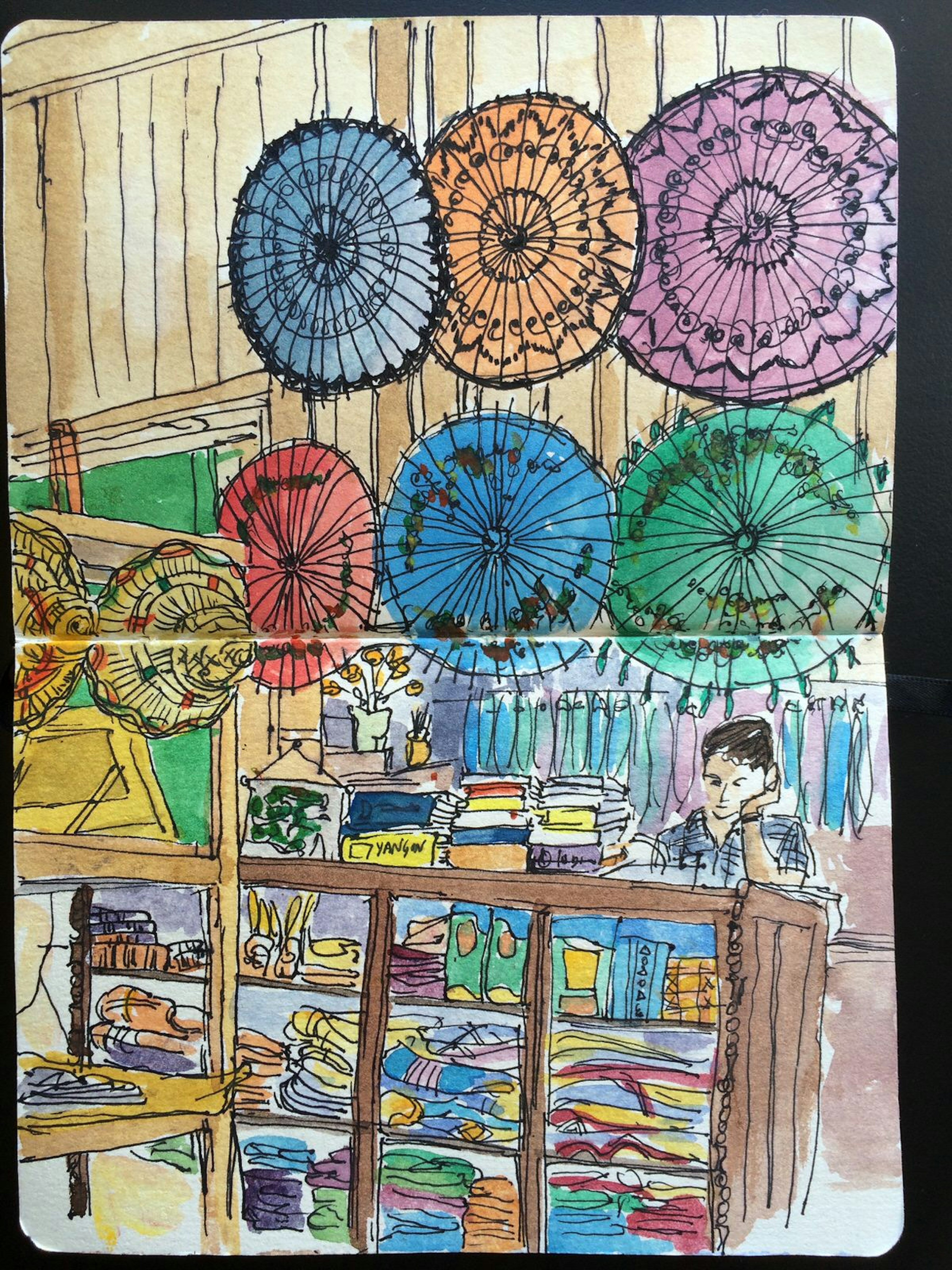 Sketch of parasol shop, Chaung Tha Beach, Myanmar