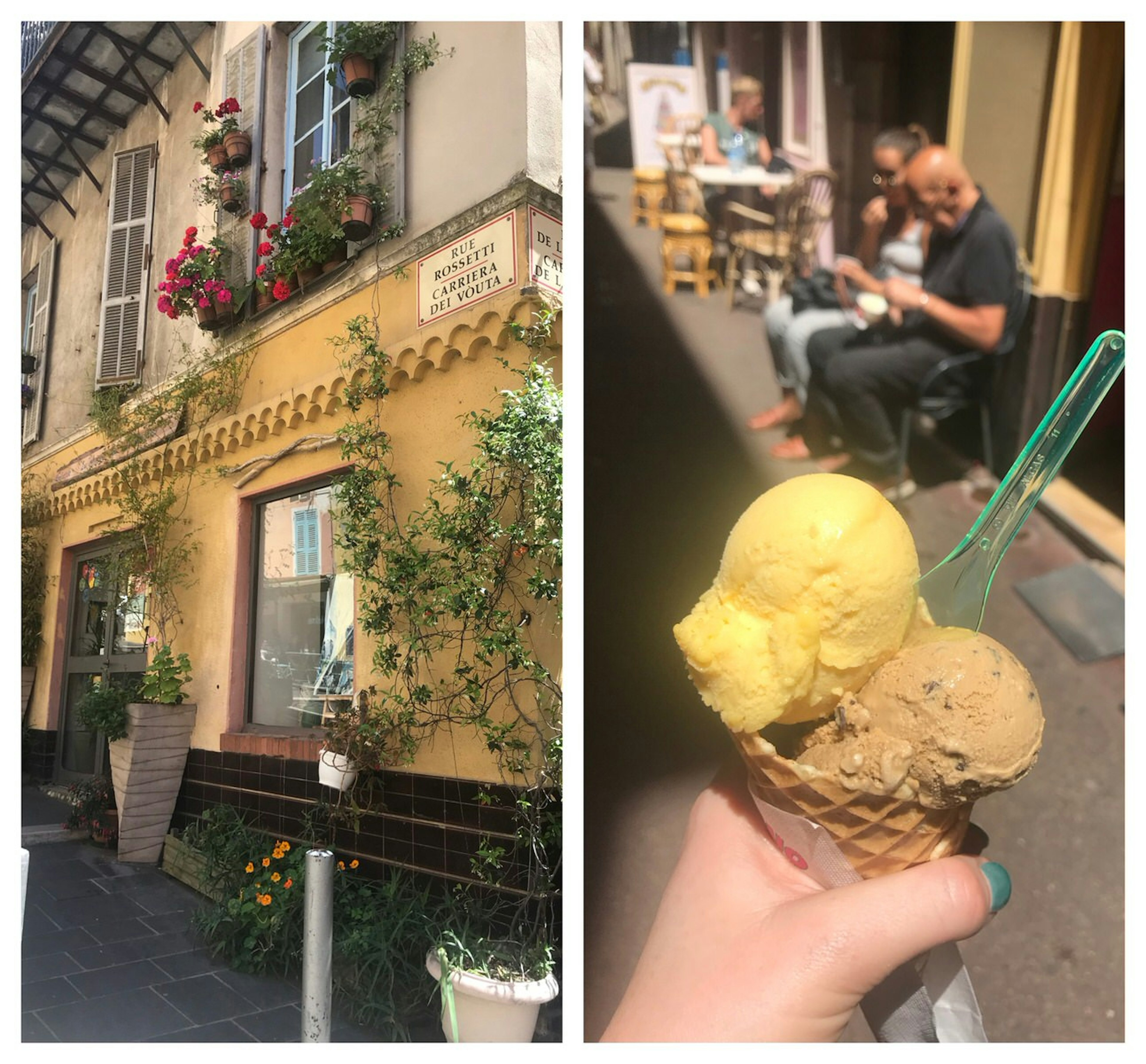 On the left is a corner of a building in Nice with vines growing up the walls and pink flowers in baskets from the windows. On the right is a close up of a cone of ice cream with two scoops, one yellow for passion fruit and one brown for cappuccino