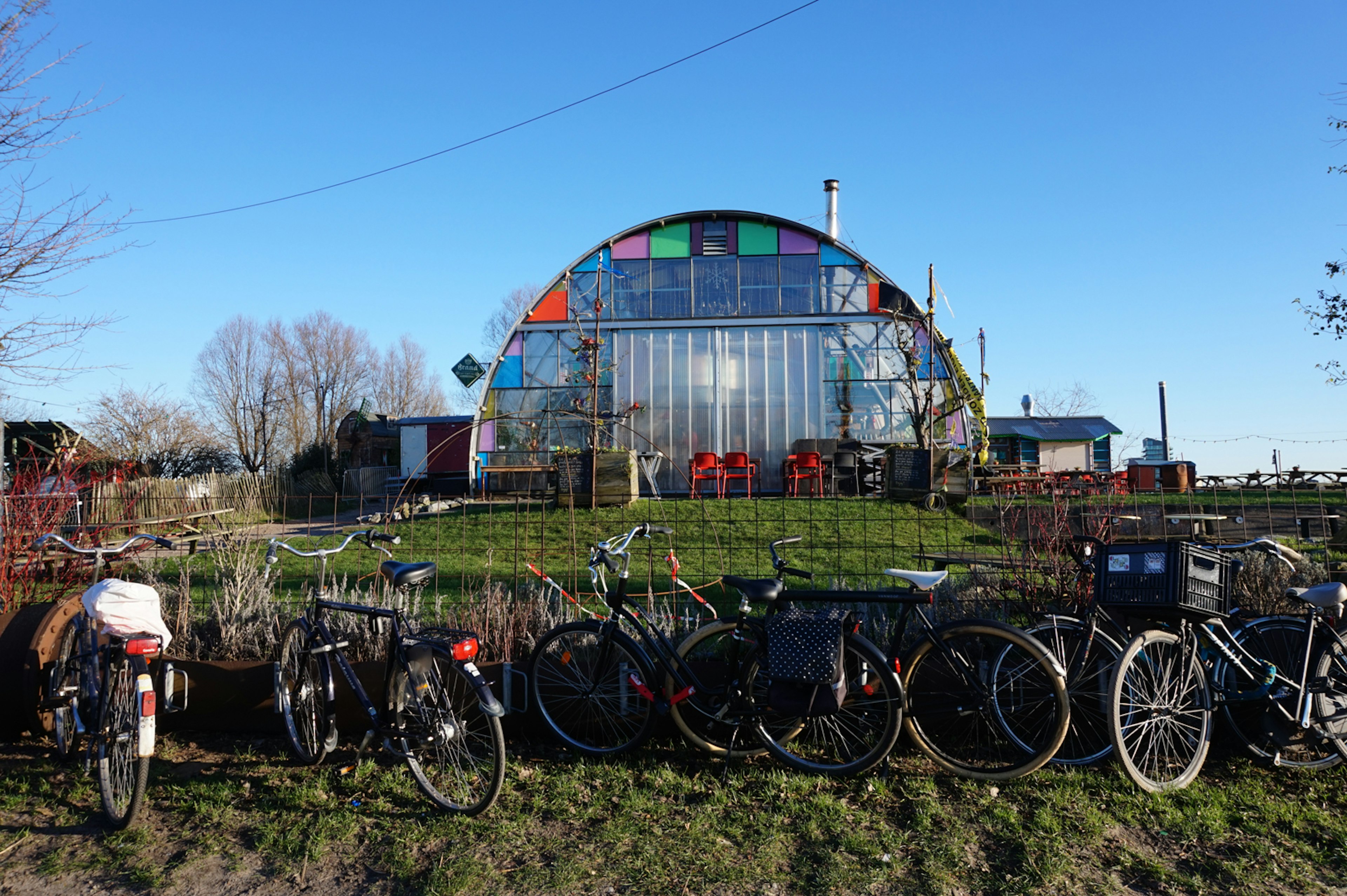 Bikes in front of Noorderlicht, a cafe housed in a building made of reused and sustainable materials