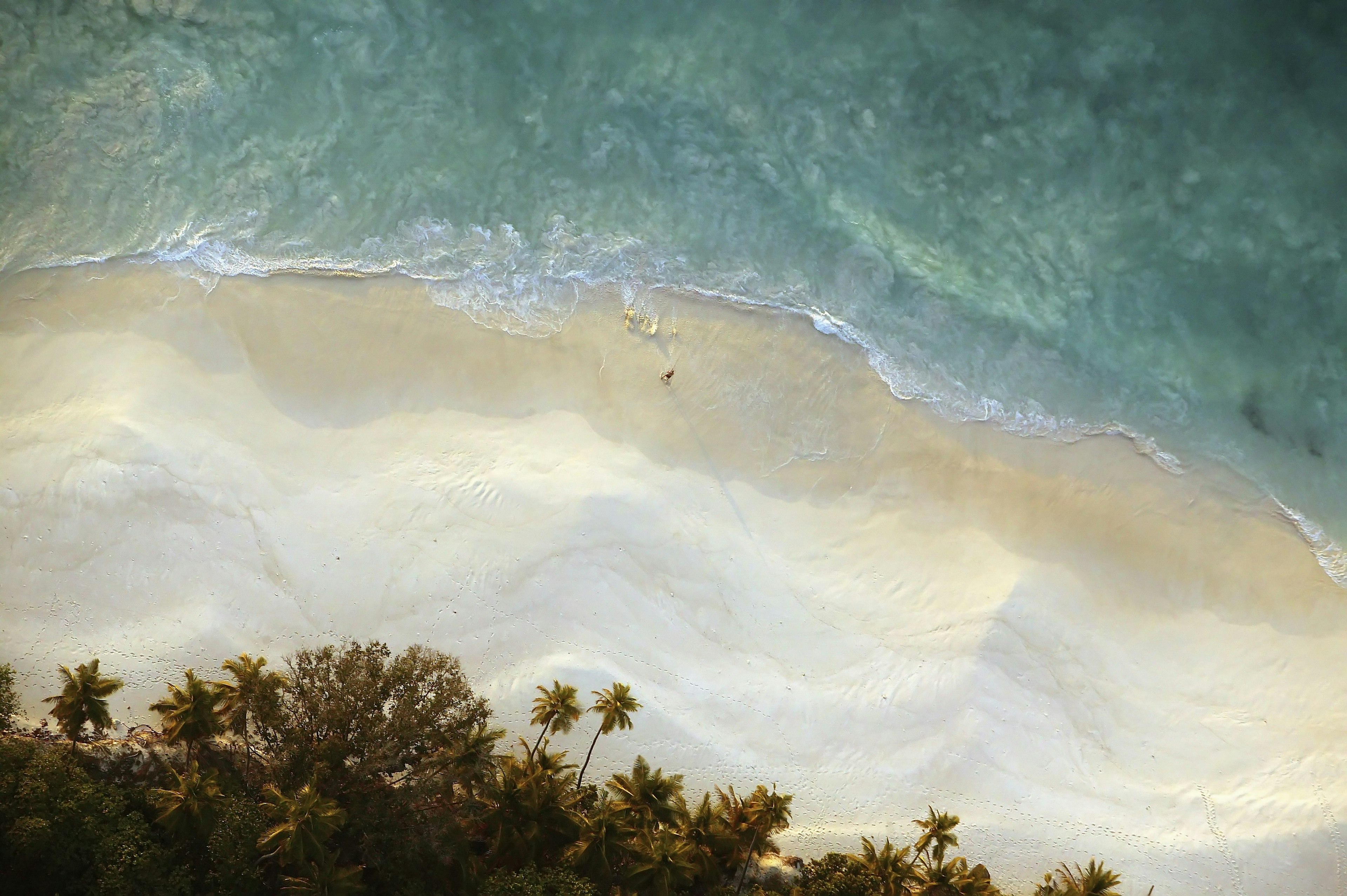 An aerial shot of a pristine beach with straw-coloured sand and aquamarine water on Ile du Nord (North Island), Seychelles.