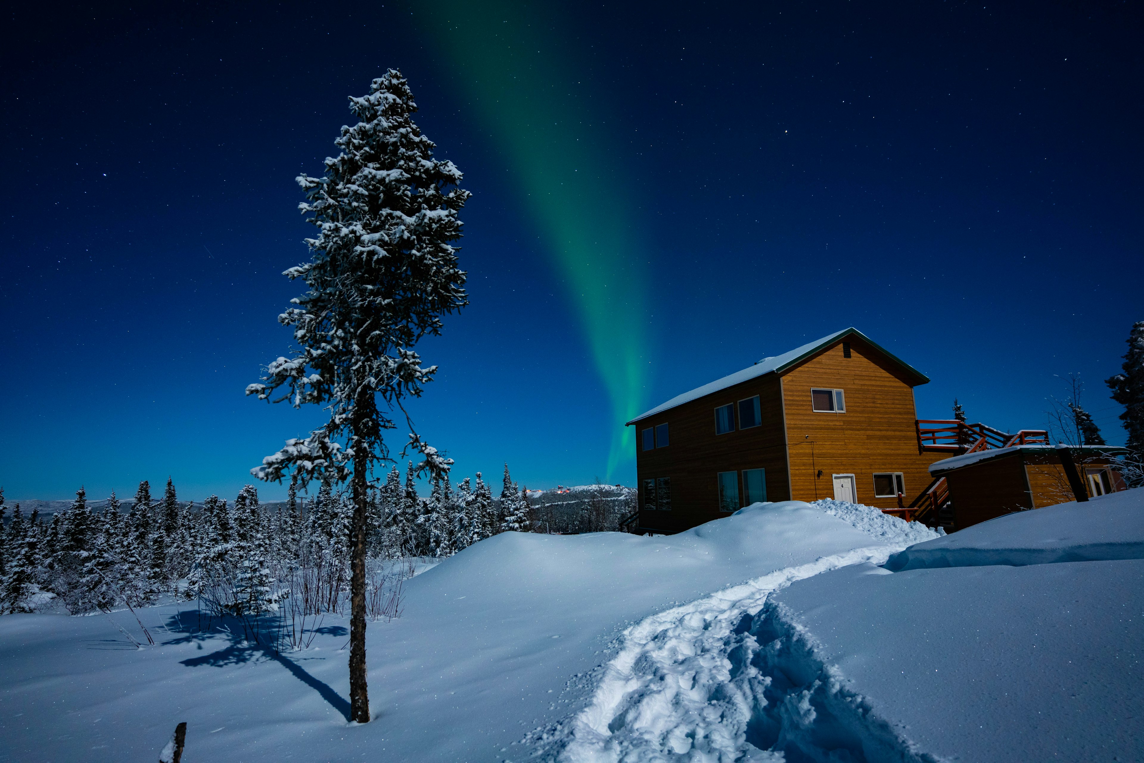 A snowy scene of a wooden cabin surrounded by forest as a flash of green streaks the sky above.