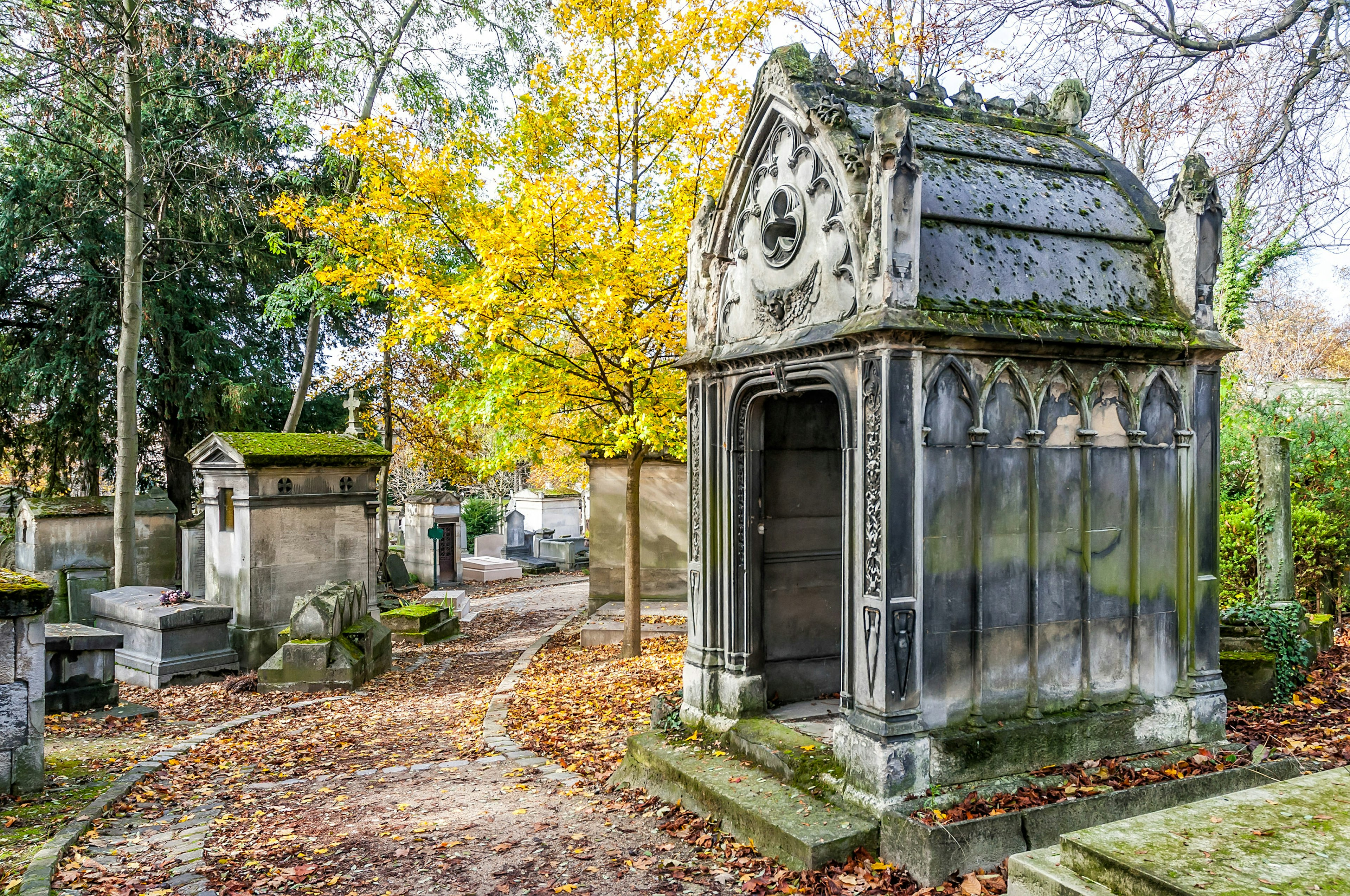 A path leading through the Père Lachaise Cemetery in Paris, flanked by trees, mausoleums, and graves.