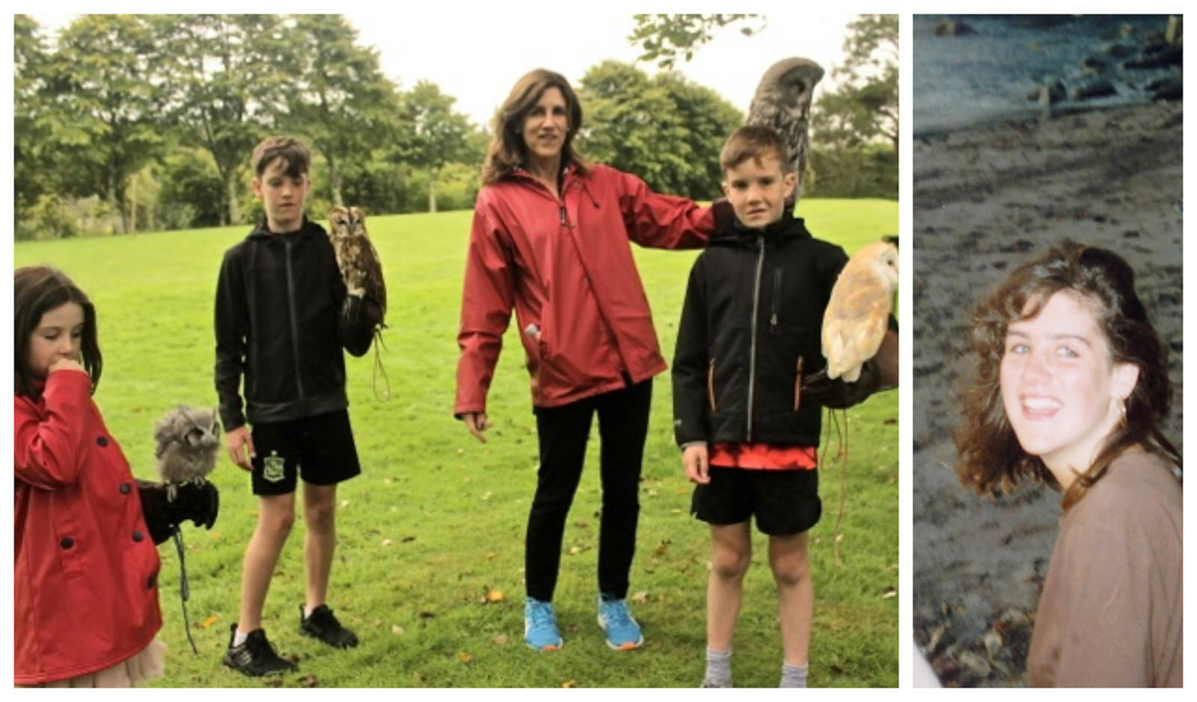 On the left is the writer with her three children each with an owl perched on their hand, on the right a close up of an old picture of the writer