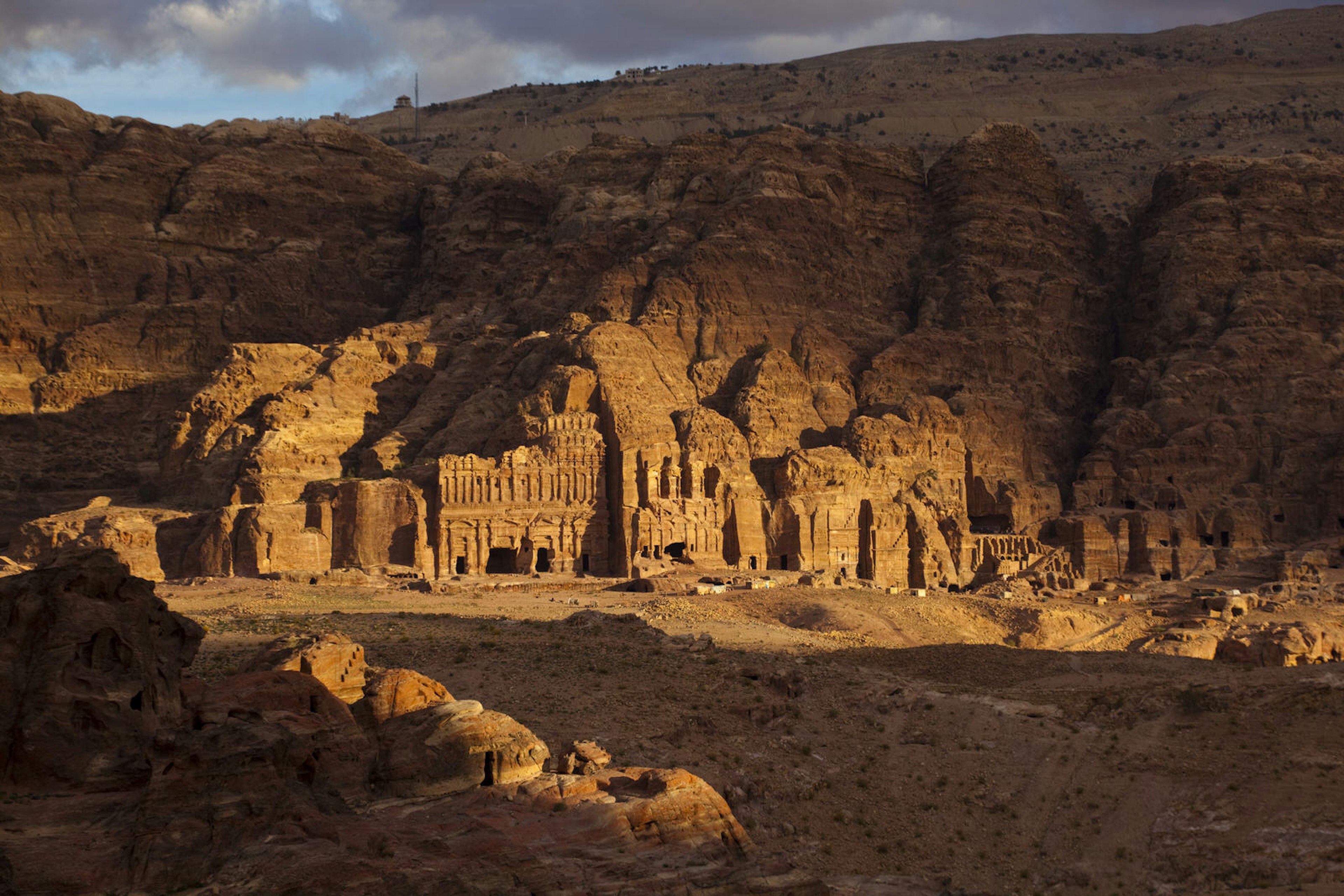 Sunset over the Royal Tombs in Petra, Jordan.