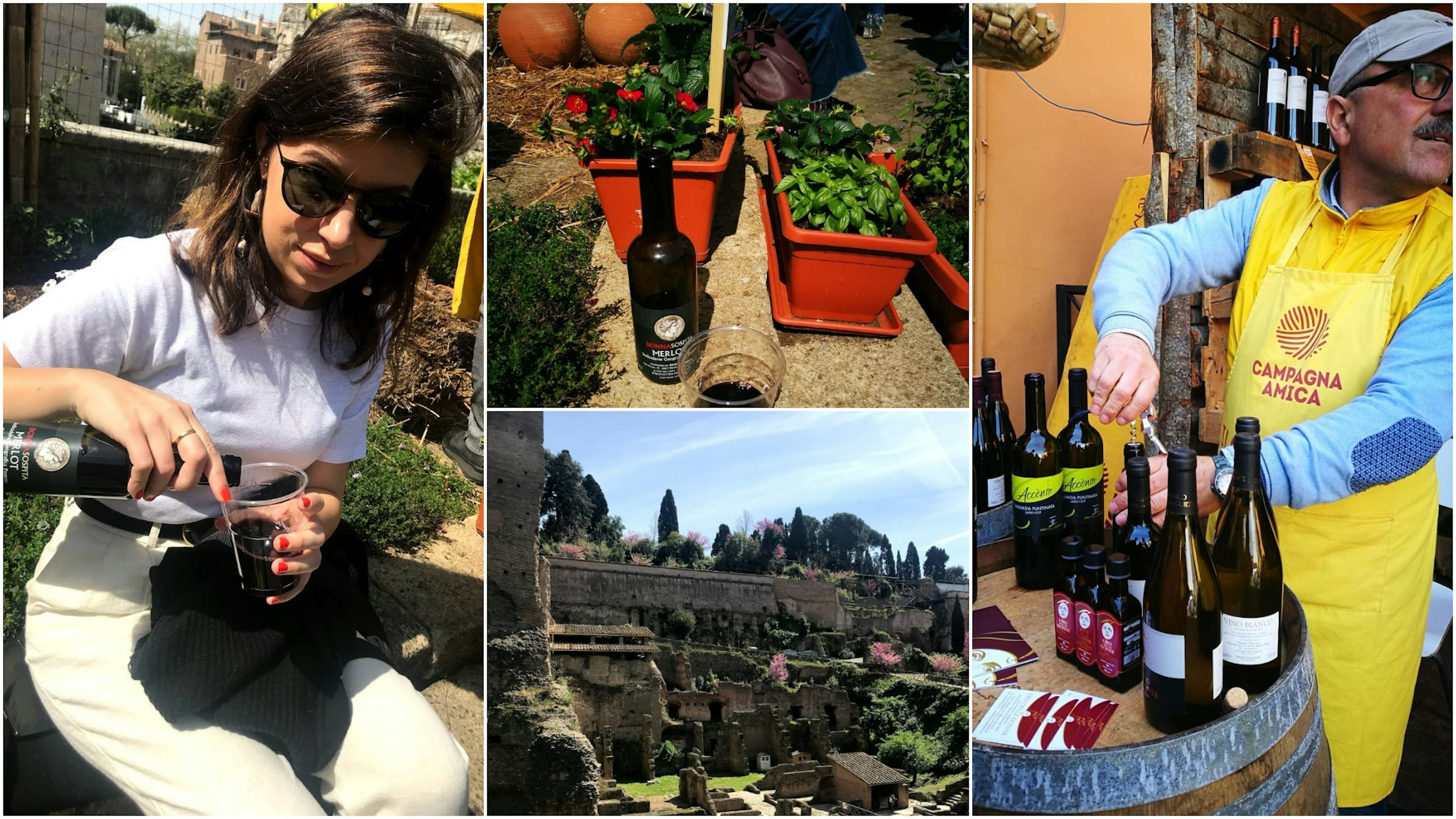 Rome budget - A collaged image of a woman pouring wine,Roman ruins, and a man opening a bottle of wine sitting on a wine barrel