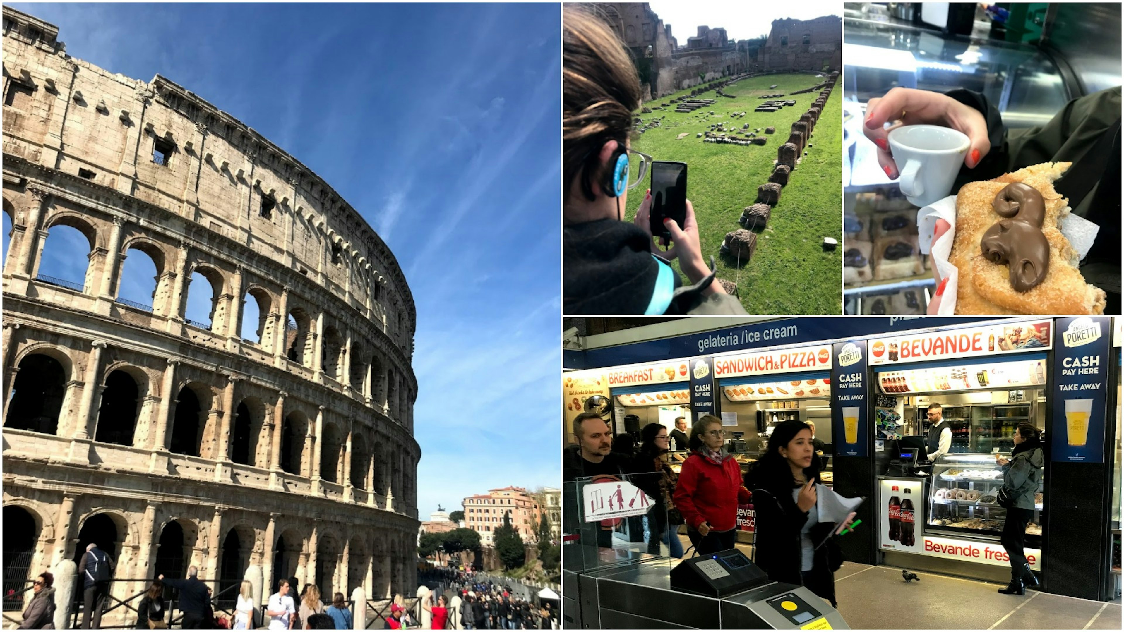 Rome budget - A collaged image of the Coliseum, a woman taking photos of Roman ruins, a close up of a pastry and coffee, and people walking through a metro station