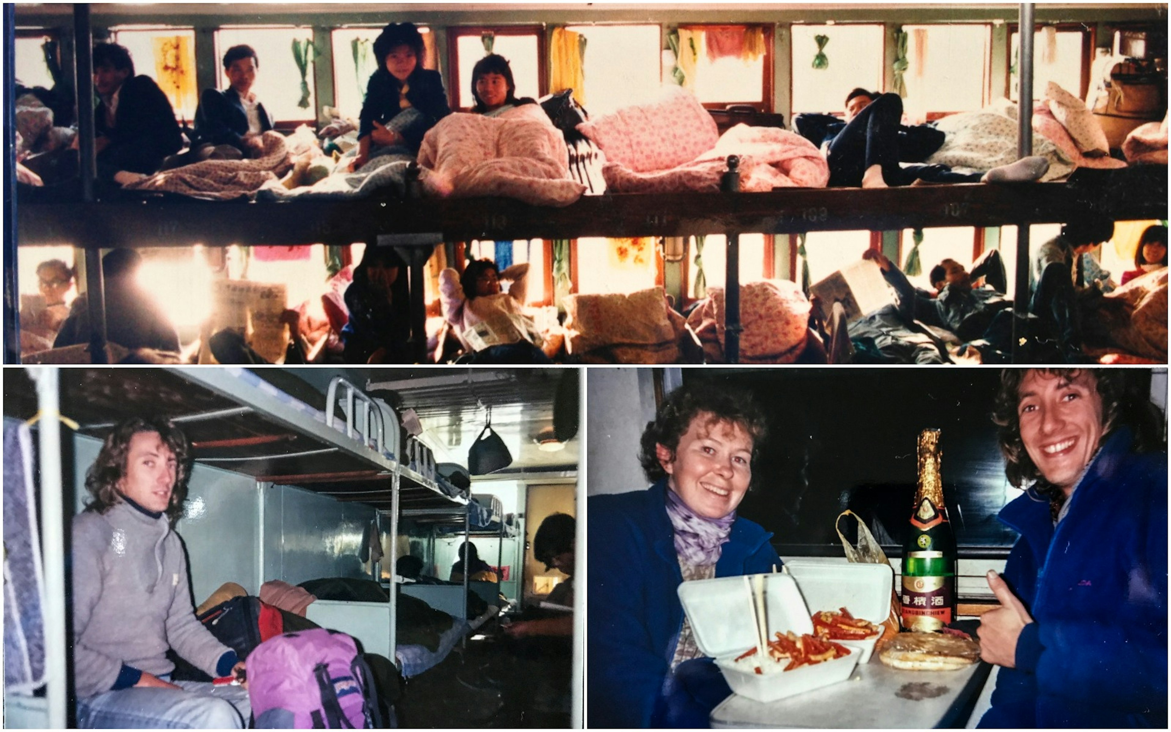 Three photos: clockwise from above: Wuzhou - Canton Ferry, numerous people crowded in and lying down in 1988; Steve and a friend on an express train to Chengdu; Steve in 4th Class on the Yangtze River somewhere between Wuhu and Chongqing, Dec 1990