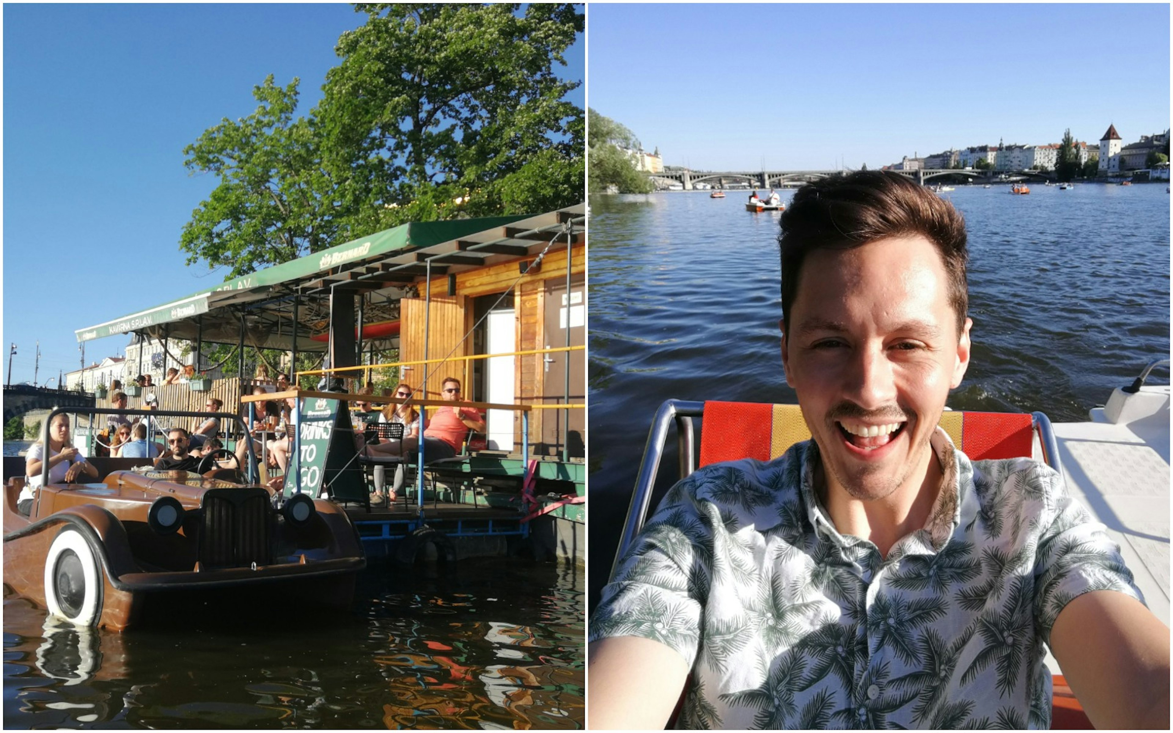 Image on the left of a pedalo moored up at the side of the river. Various people are sitting on the decking enjoying the sunshine. Image on the right is a selfie of Joe Davis on a pedalo.