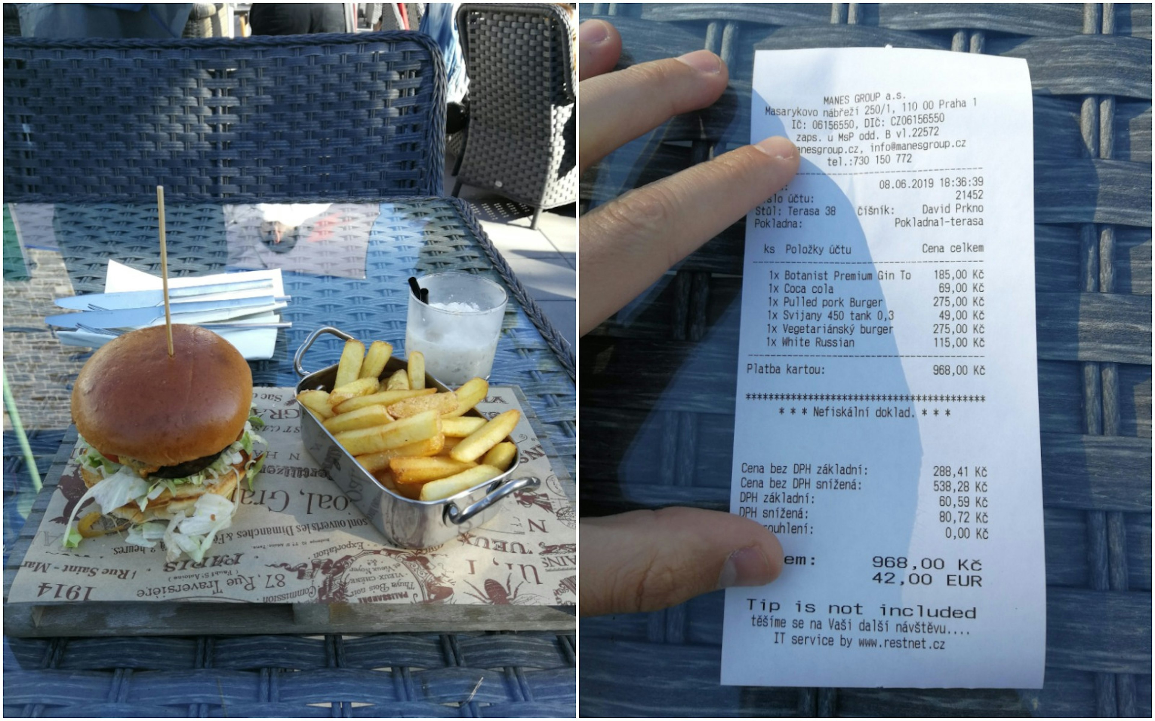 The image on the left is of a burger and fried displayed on a wooden block. The image on the right is the receipt for the entire meal.