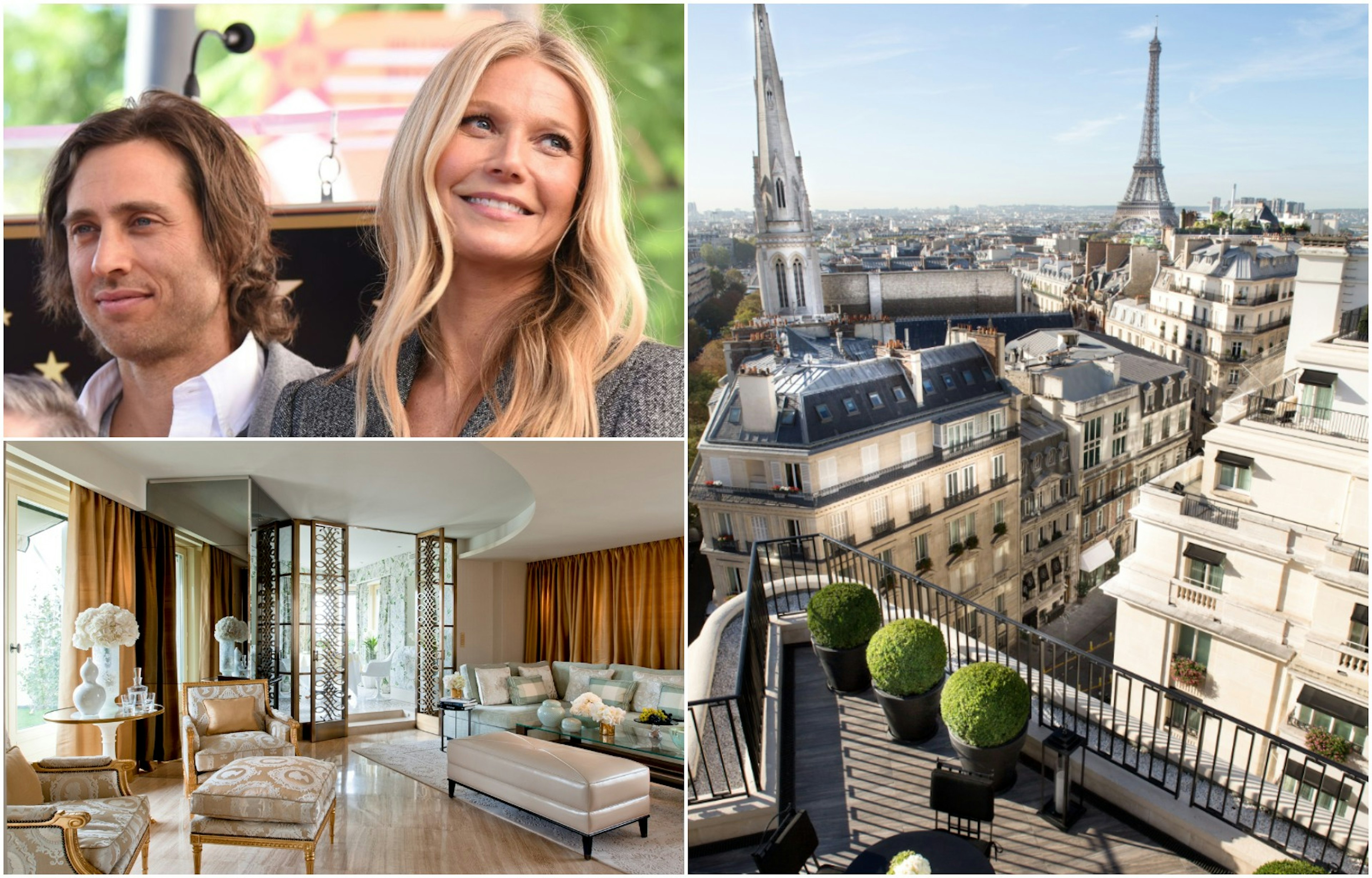 L-R: Brad Falchuk and Gwyneth Paltrow © Getty; aerial view of Four Seasons Hotel George V; luxury suite in the hotel © Four Seasons Hotel George V