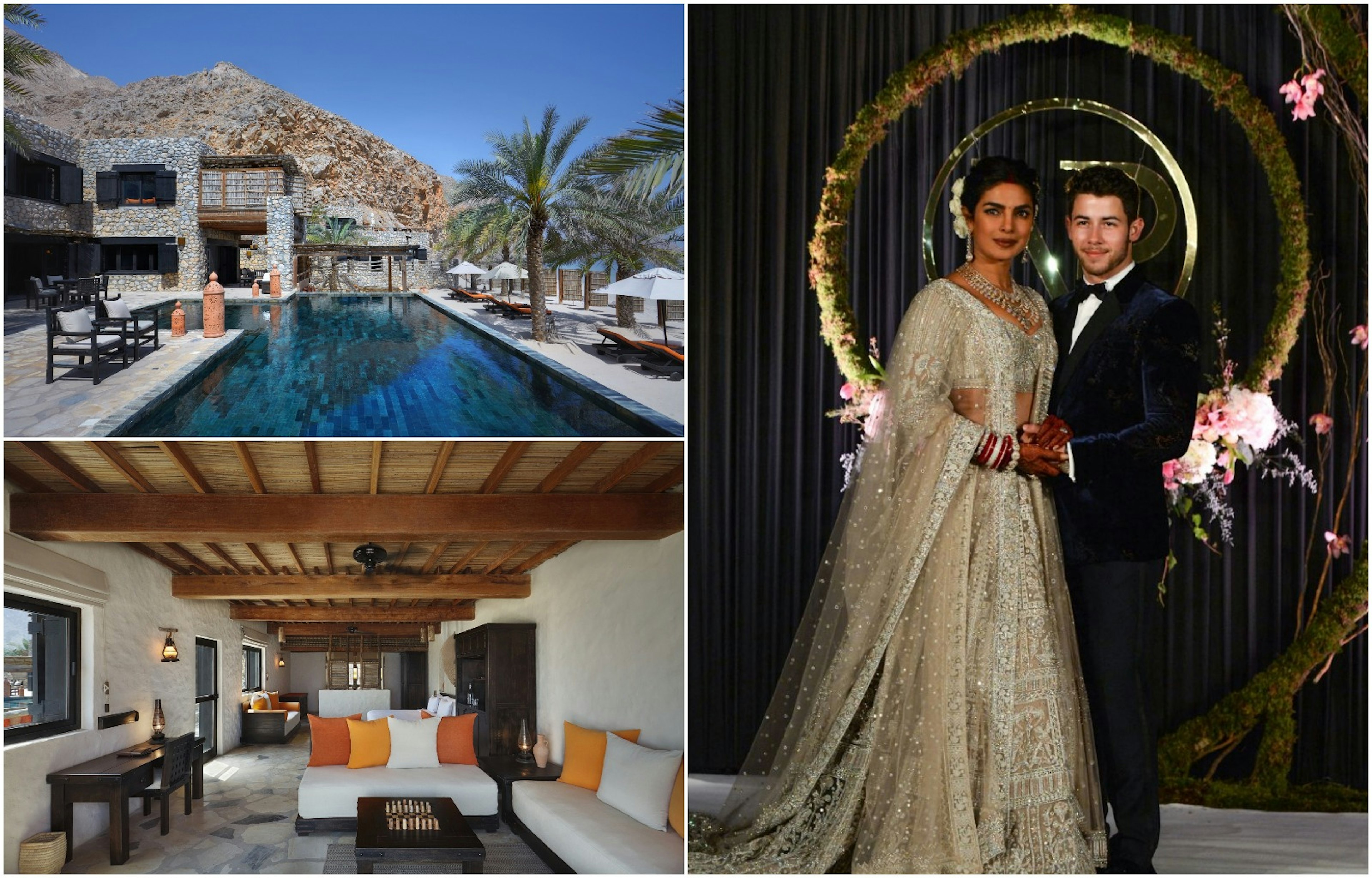 L-R: The pool at Six Senses Zighy Bay; Priyanka Chopra and Nick Jonas on their wedding day; living room at Six Senses Zighy Bay