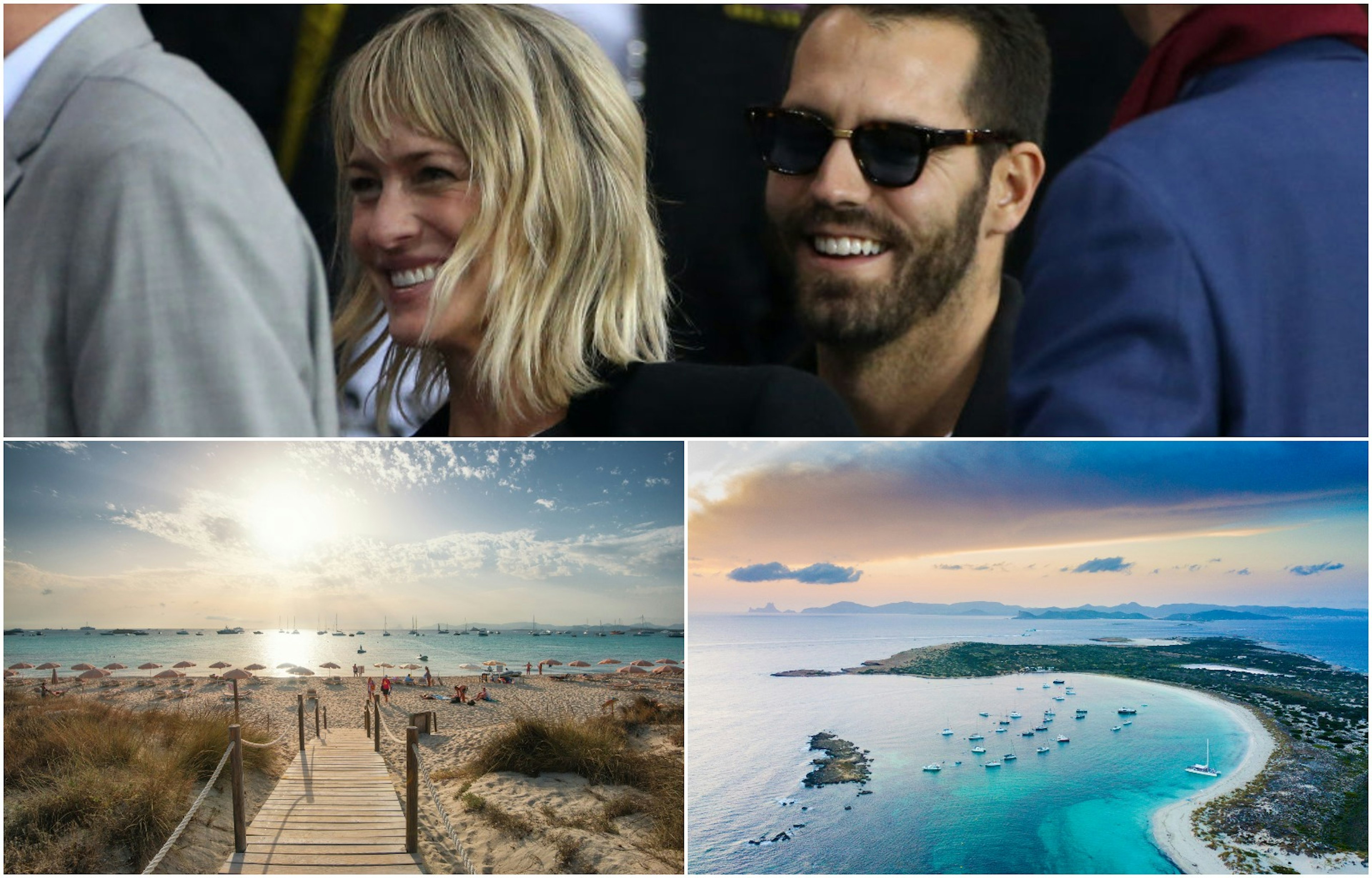 L-R: Robin Wright and Clement Giraudet are next to each other and smiling in a crowd; an overview of the sweeping peninsula at Formentera and cerulean sea; a wooden rope bridge leads across coarse scrubland to a sun-dappled beach.