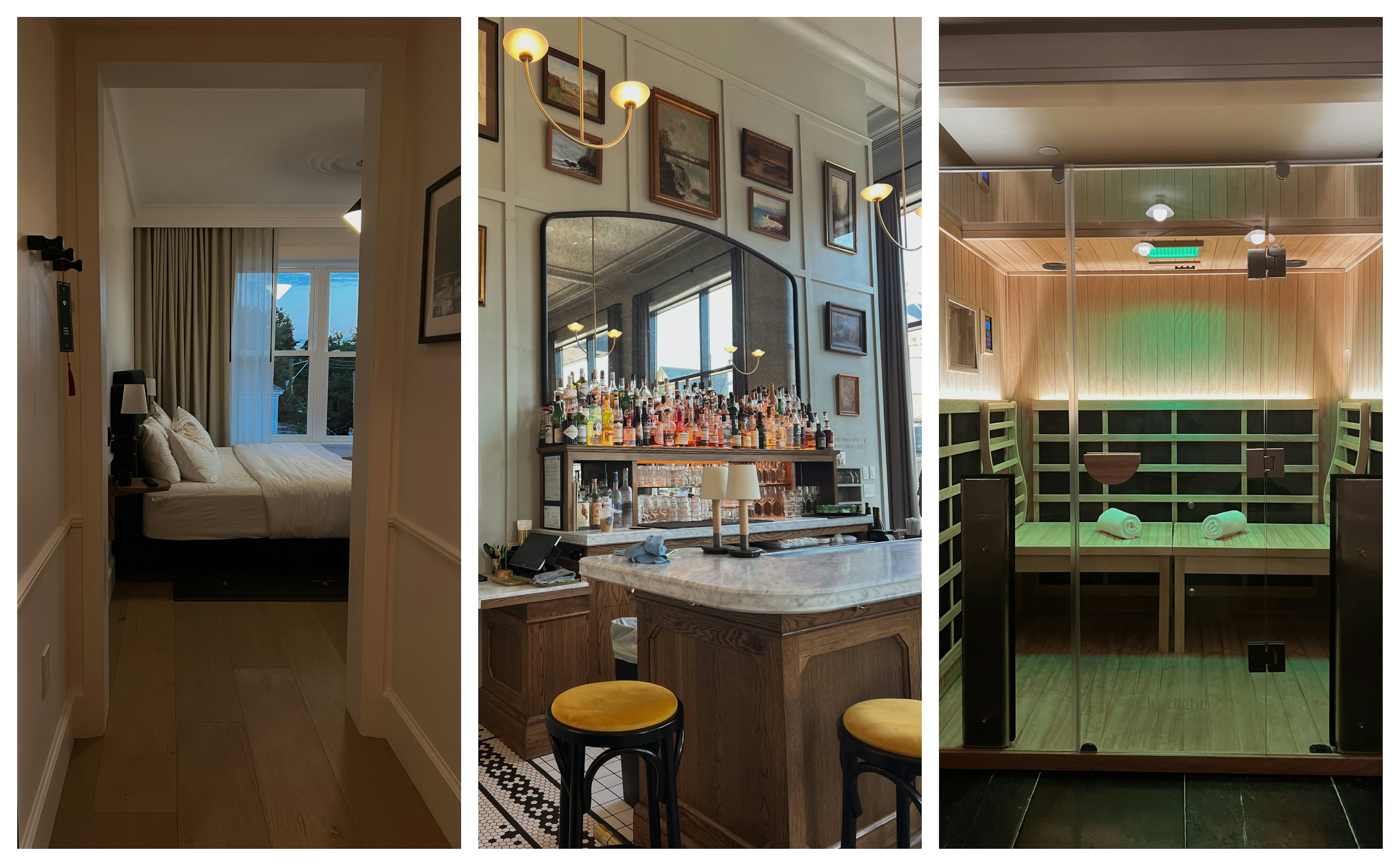 Слева: коридор отеля, ведущий к большой кровати; по центру: отельный бар с напитками и ликерами; справа: комната сауны в спа