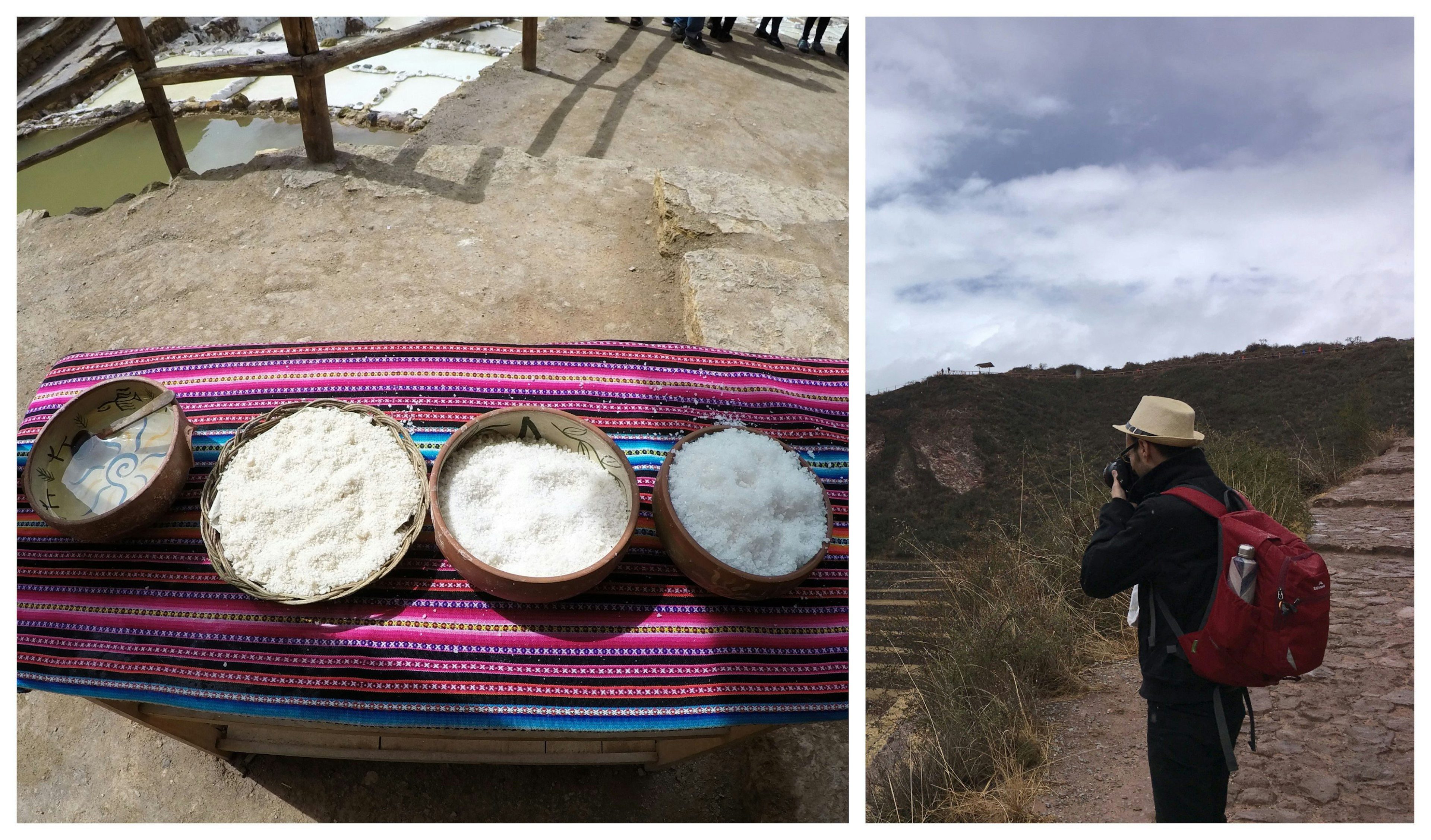 On the left: three bowls of salt and one empty bowl laid out on a purple cloth. On the right, the author looks over the salt mines, aiming a photo with his camera