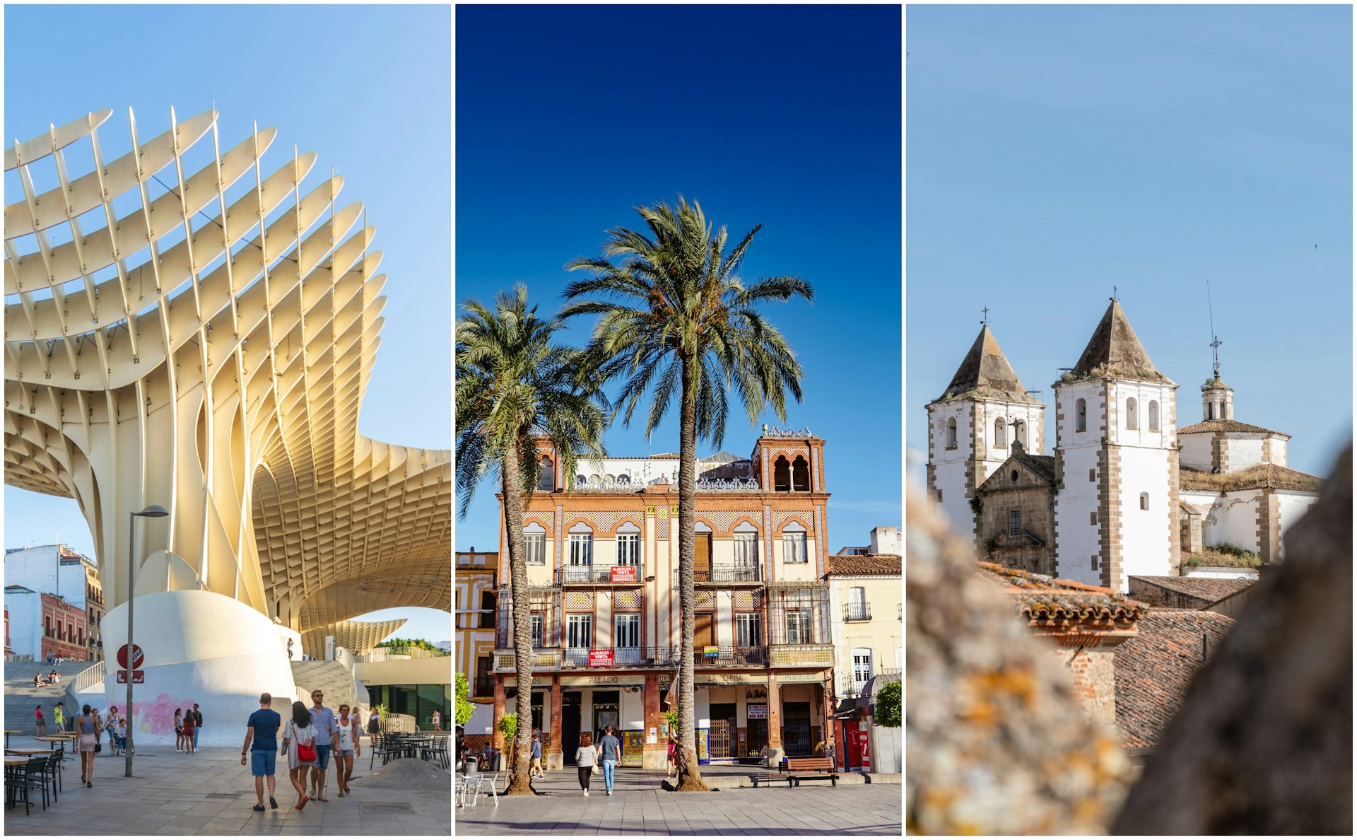 Metropol Parasol in Seville; Mérida’s main square; Old Town of Cáceres. 