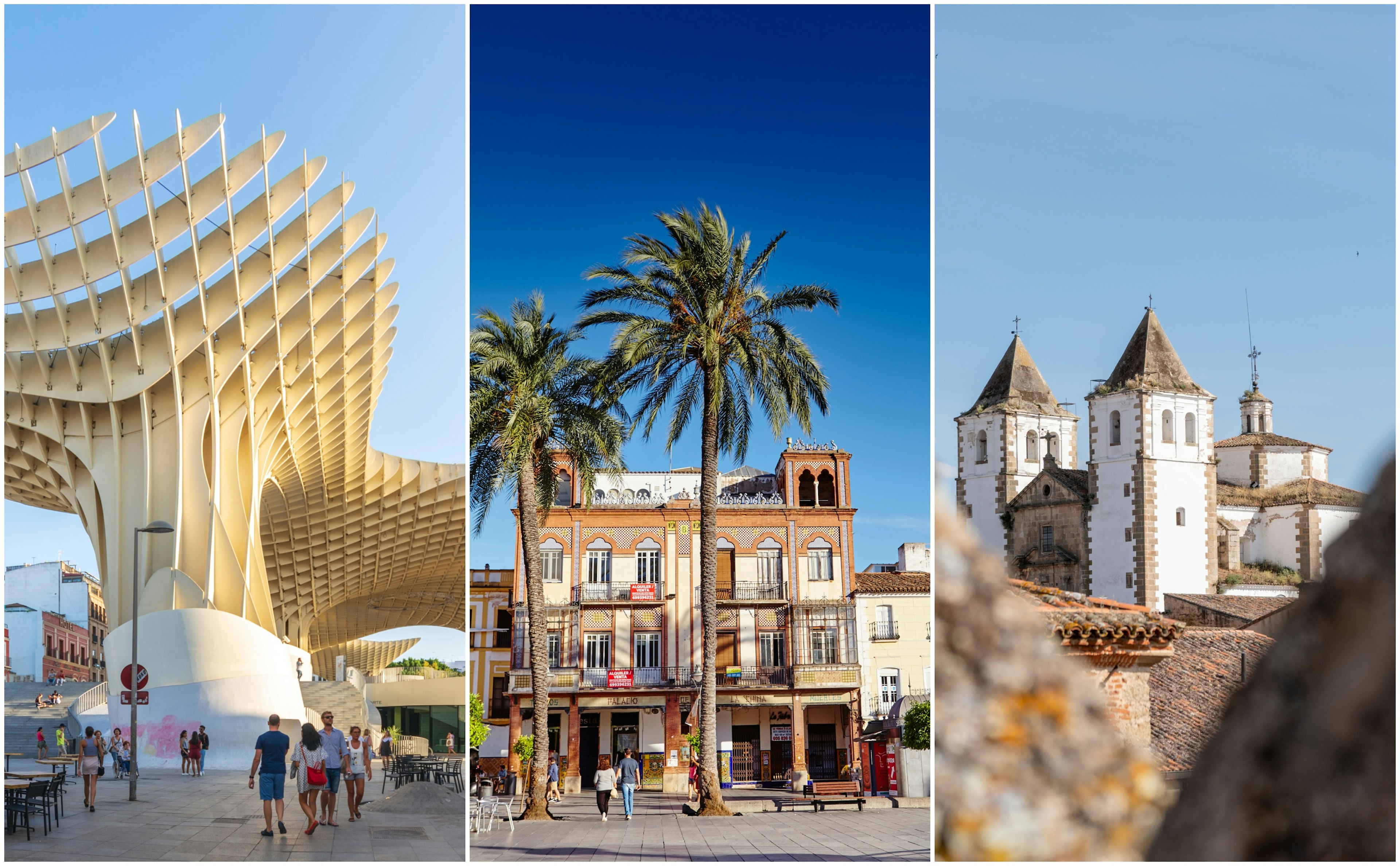 Metropol Parasol in Seville; Mérida’s main square; Old Town of Cáceres.