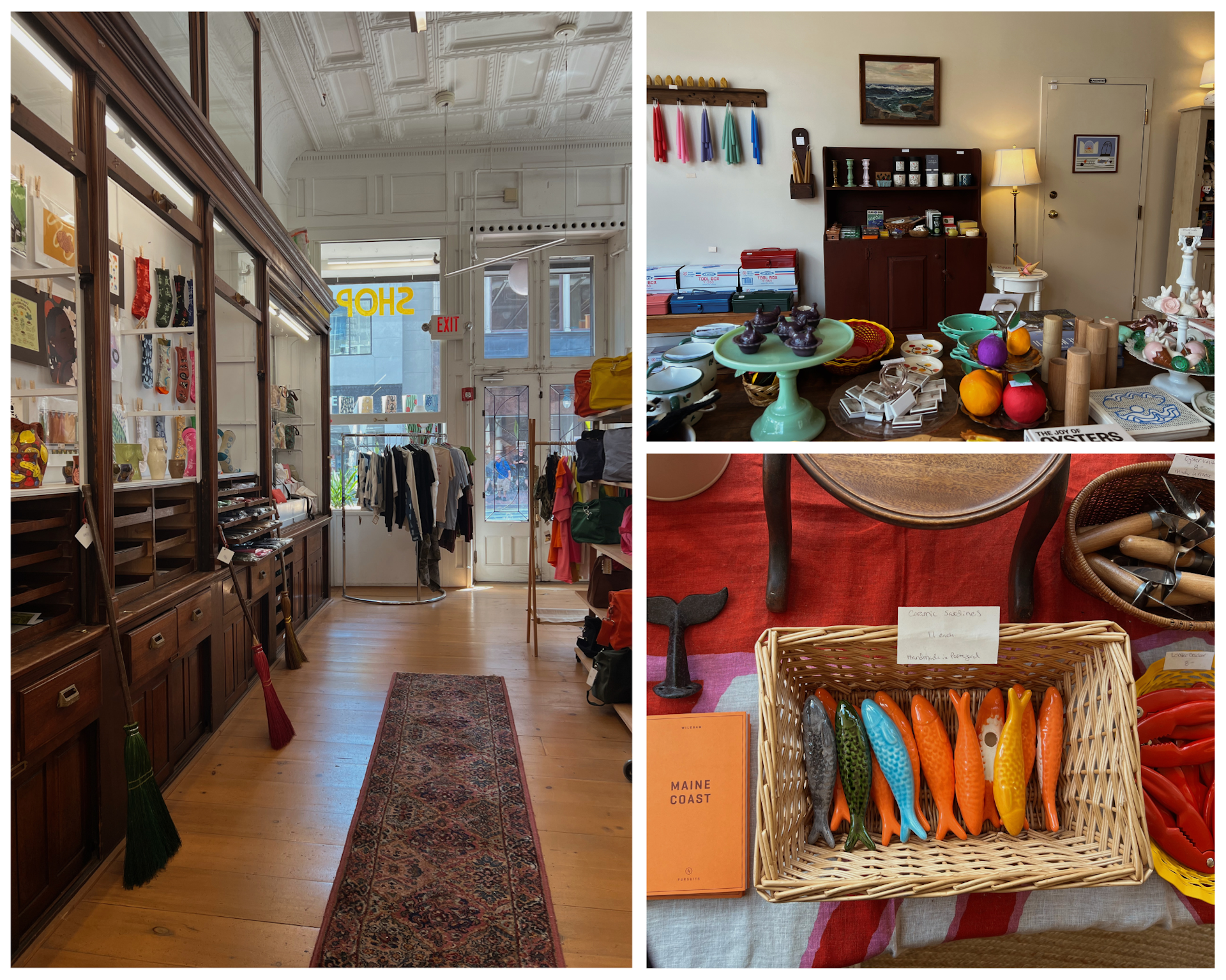 Left: an aisle in a shop lined with arty pieces and bags; top right: a shelf loaded with small items for sale; bottom right: ceramic fish in a basket