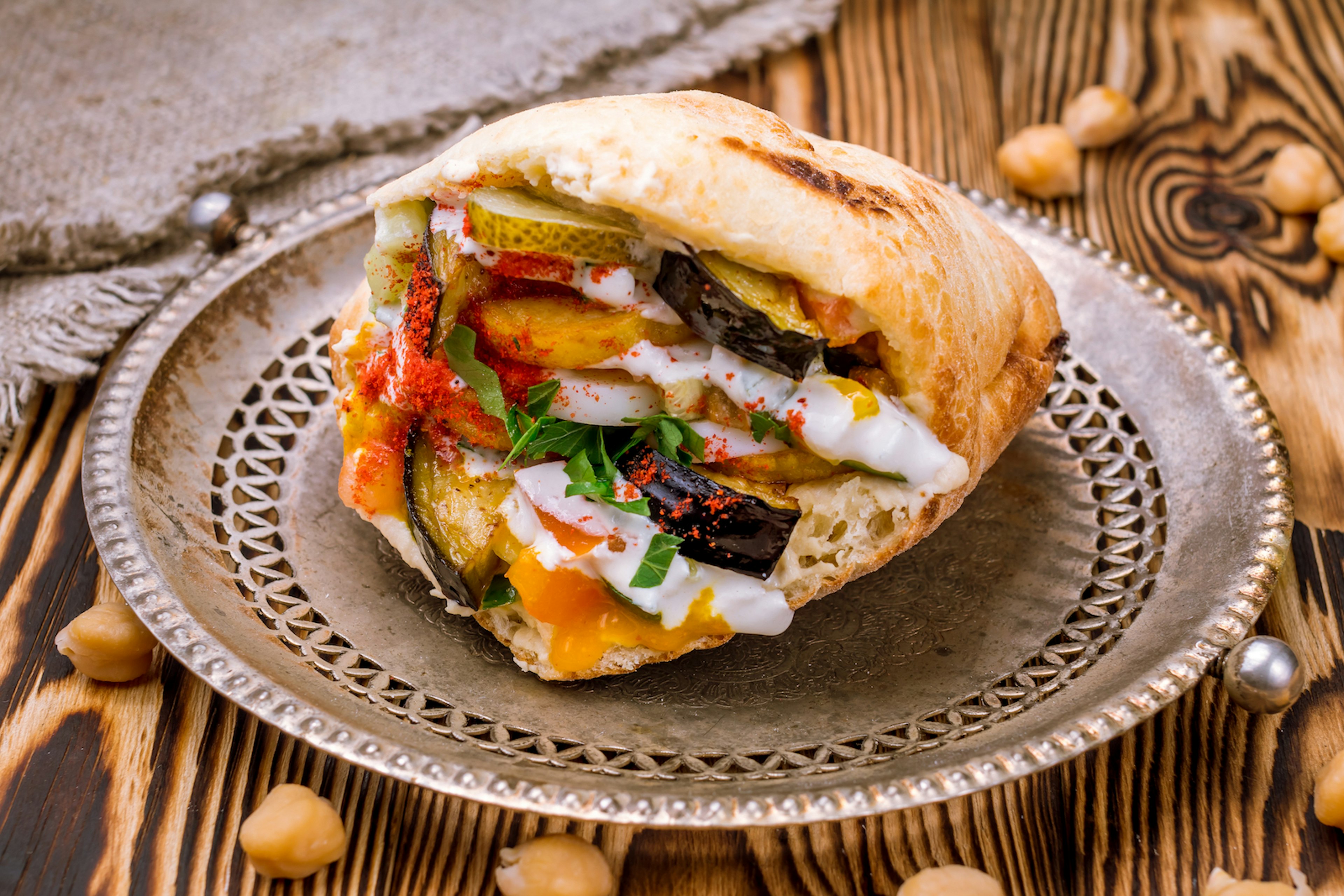 A fully-loaded Sabich sandwich