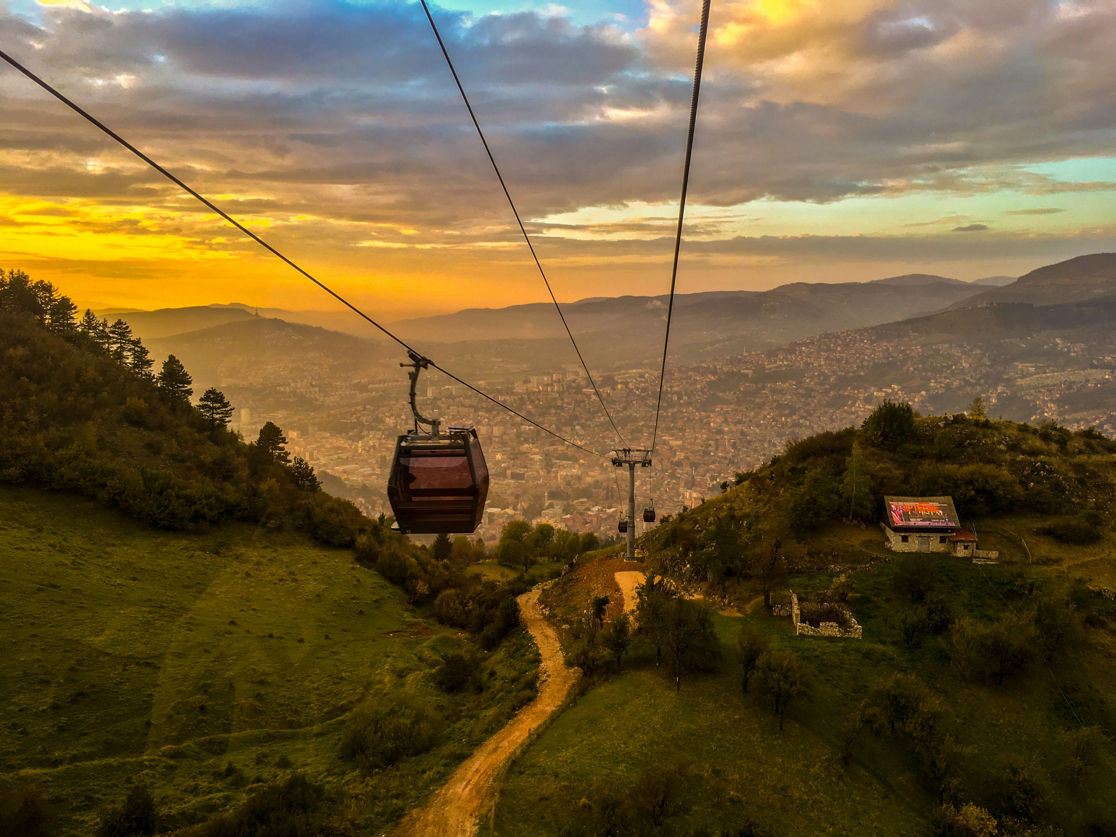 Gondolas on the cable car that takes people from Sarajevo to Mt Trebević at dusk