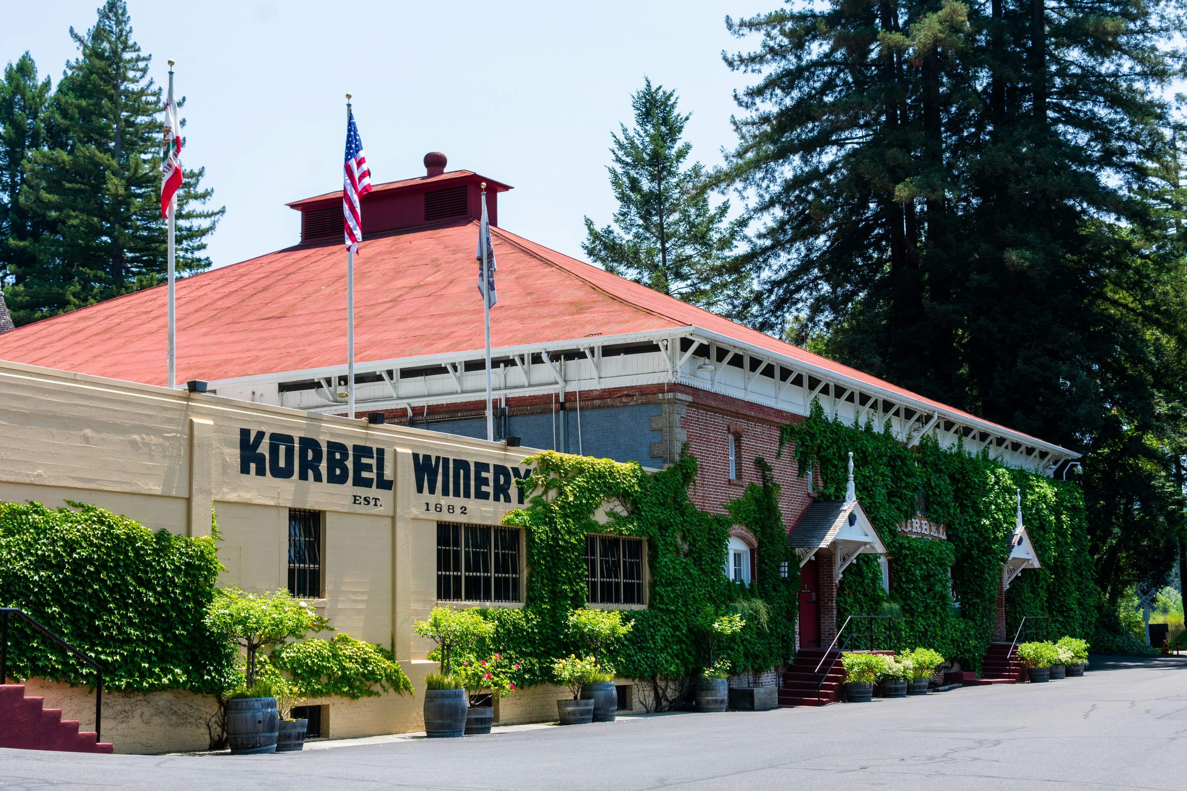 Korbel Champagne Cellars winery historical facade, a storefront covered in ivy