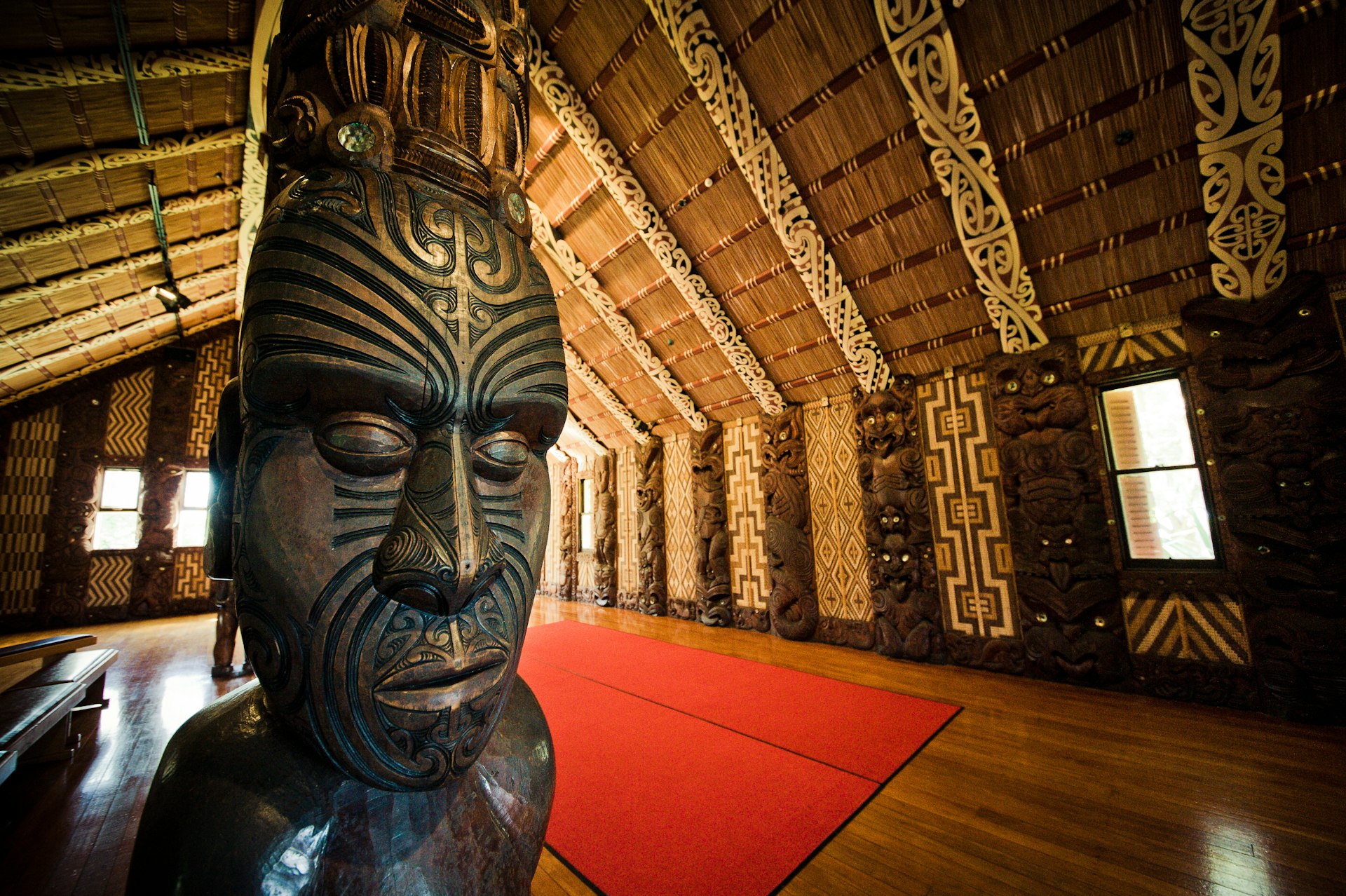 Maori Marae (meeting house) in the Treaty Grounds in Waitangi National Reserve, New Zealand. 