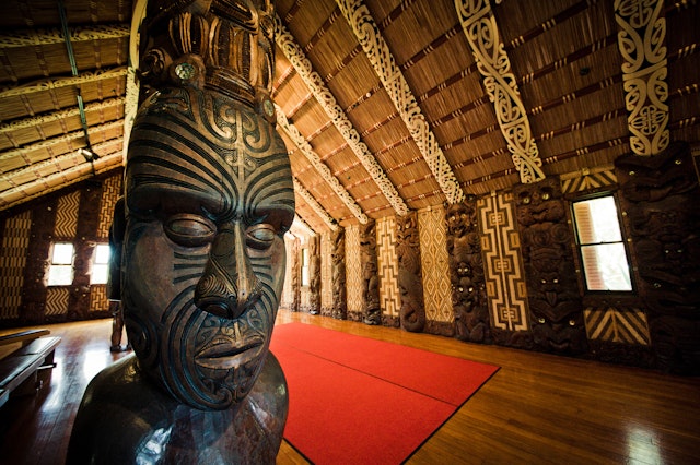 Maori Marae (meeting house) in the Treaty Grounds in Waitangi National Reserve, New Zealand.