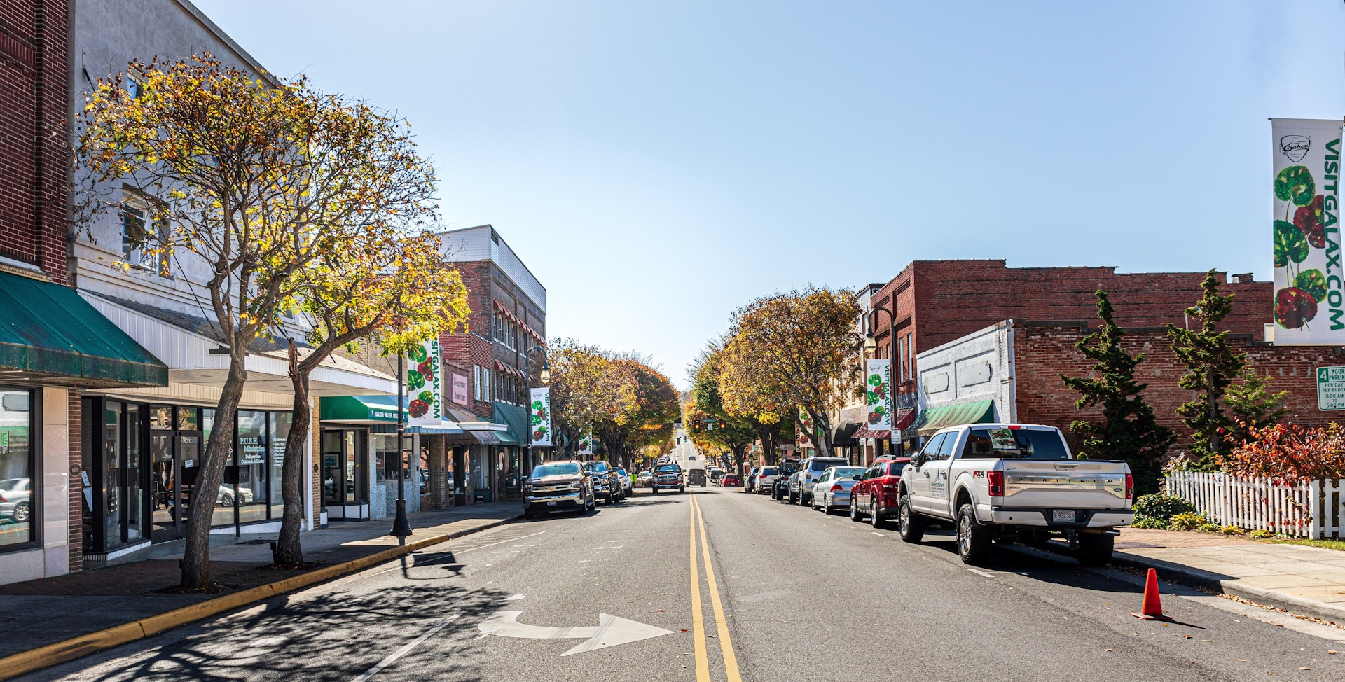 Wide-angle view down Main Street in Galax, Virginia on a sunny, autumn day