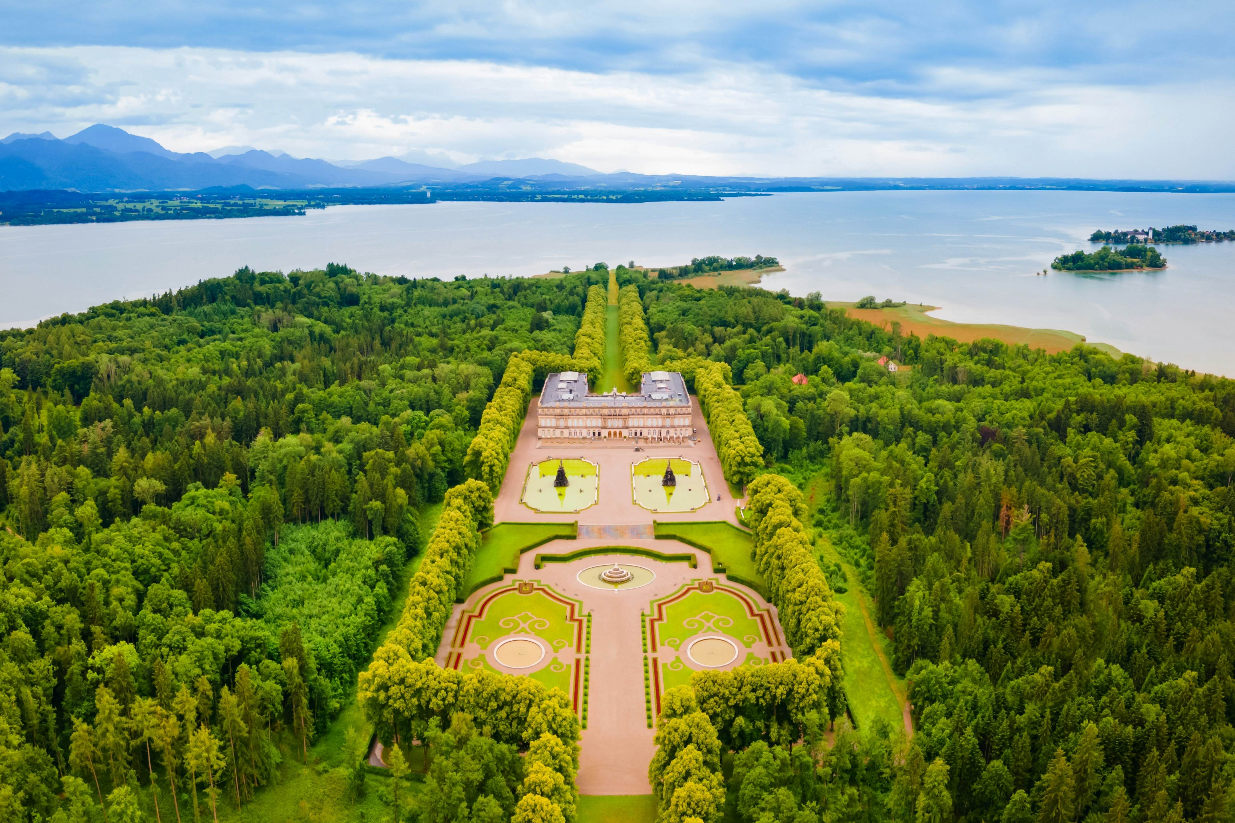 An aerial view of Herrenchiemsee Palace beside the Chiemsee lake, in southern Bavaria, Germany.