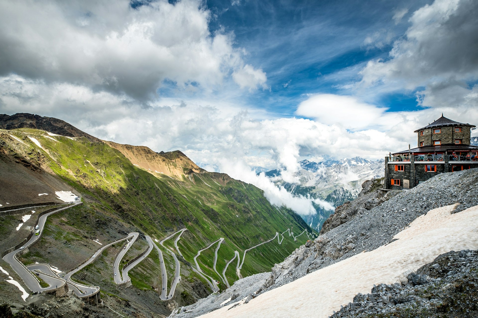 A view looking down on the hairpin turns of the Furka Pass through the Alps, Switzerland